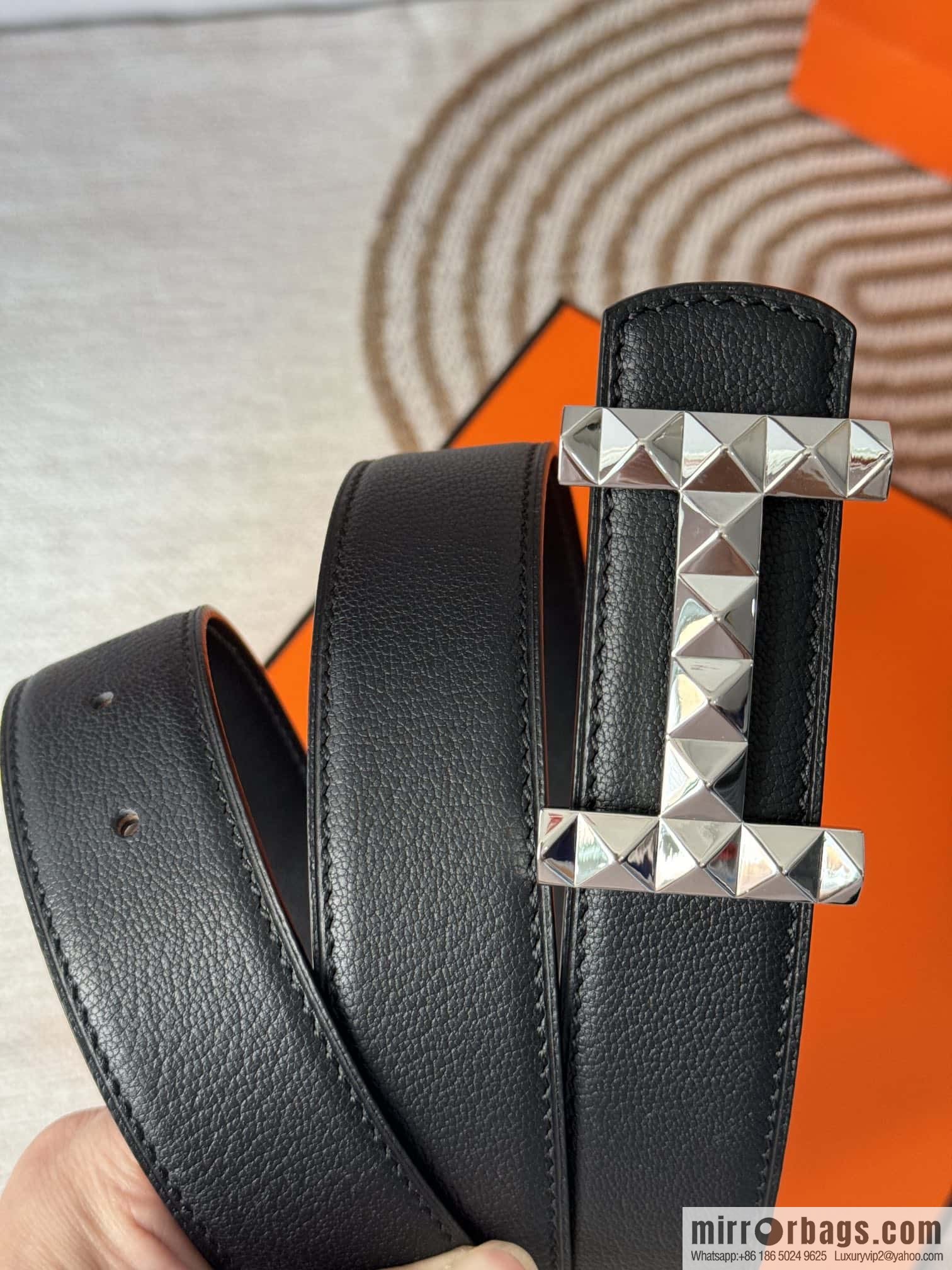 Hermes, double-sided first layer sheep texture stainless steel diamond pattern button head belt 3.5CM