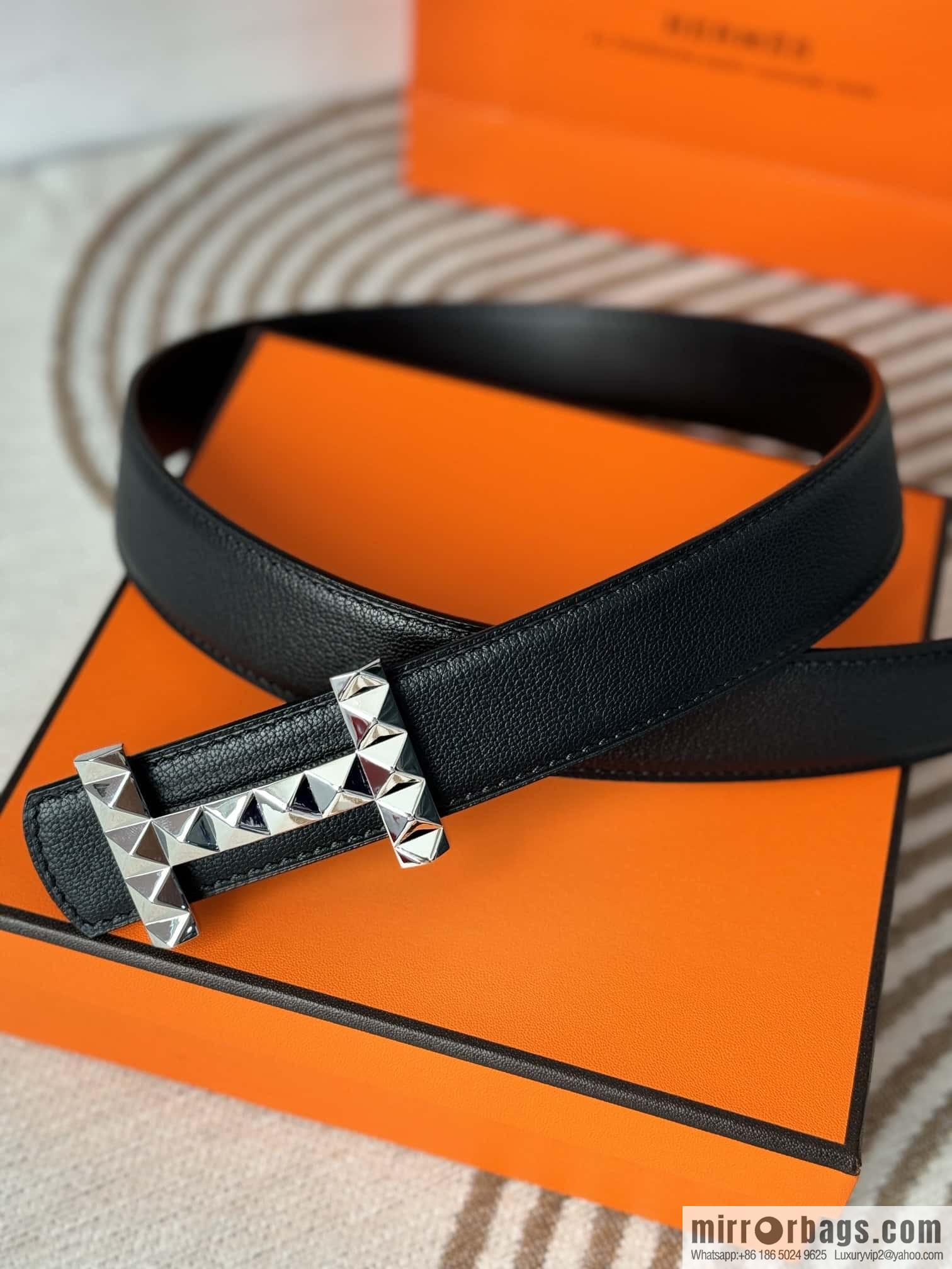 Hermes, double-sided first layer sheep texture stainless steel diamond pattern button head belt 3.5CM