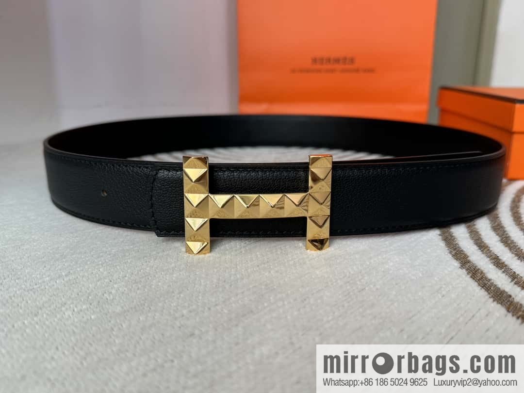 Hermes, double-sided first layer sheep texture stainless steel diamond pattern button head belt 3.5CM