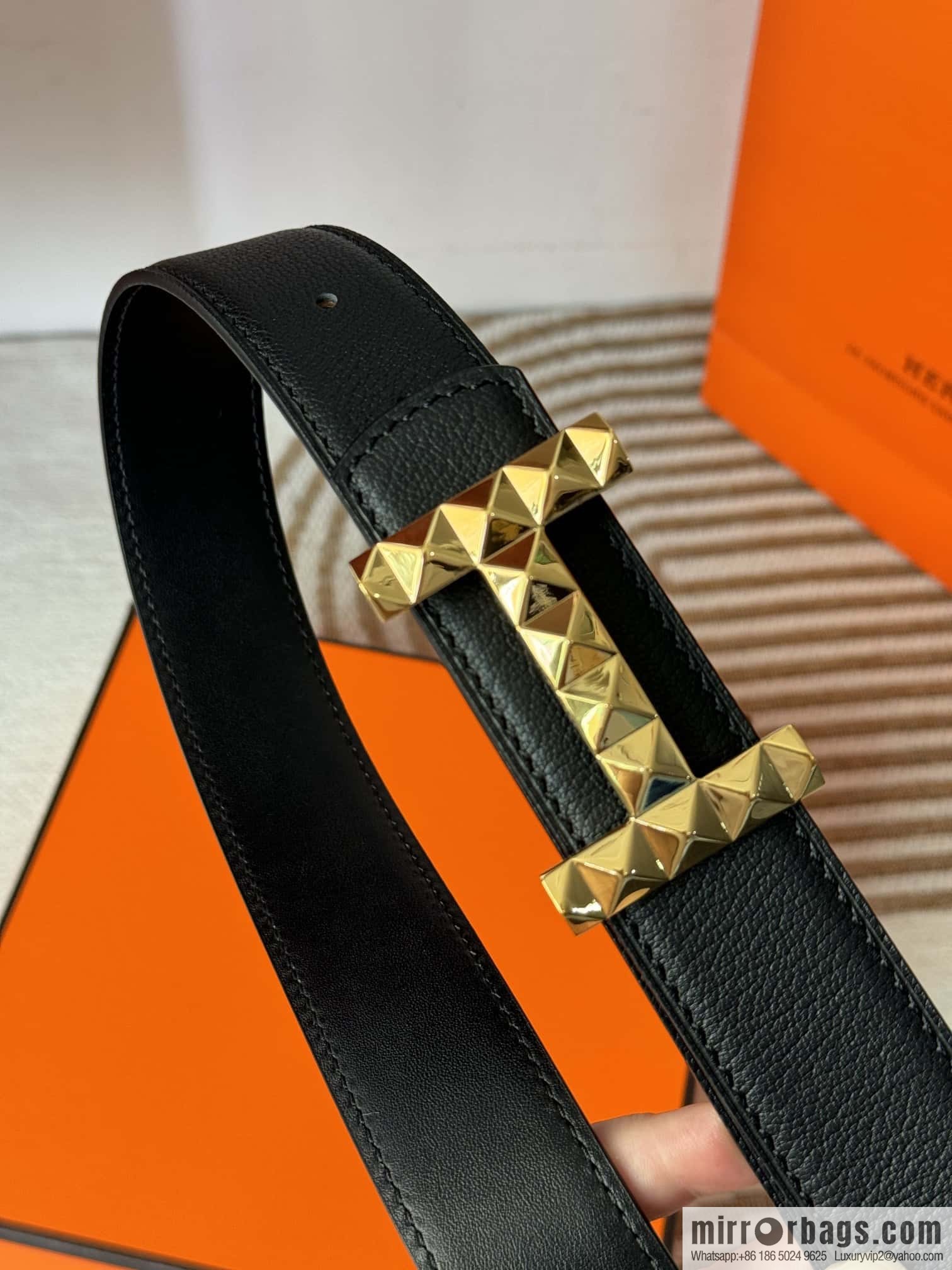 Hermes, double-sided first layer sheep texture stainless steel diamond pattern button head belt 3.5CM
