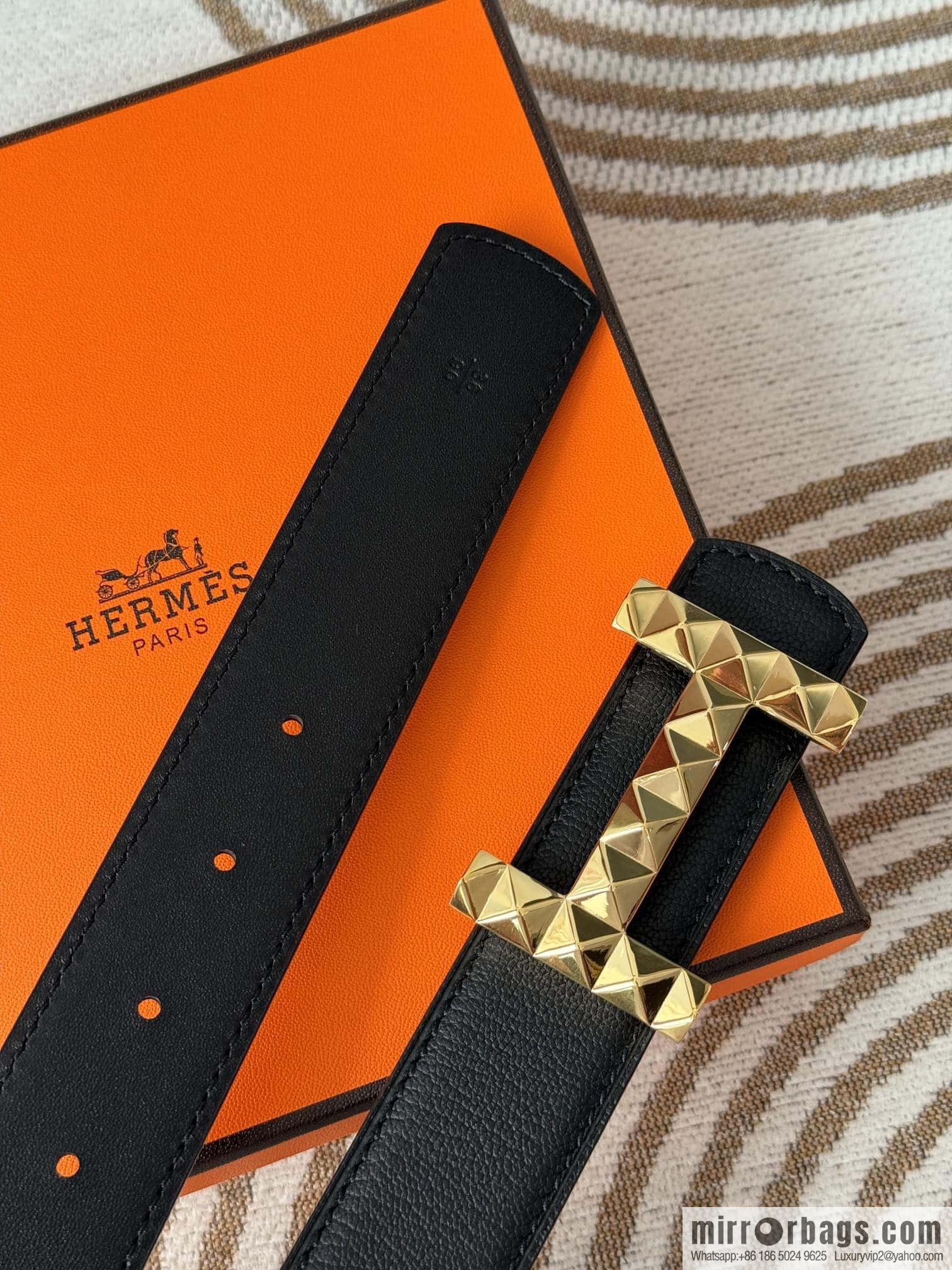 Hermes, double-sided first layer sheep texture stainless steel diamond pattern button head belt 3.5CM