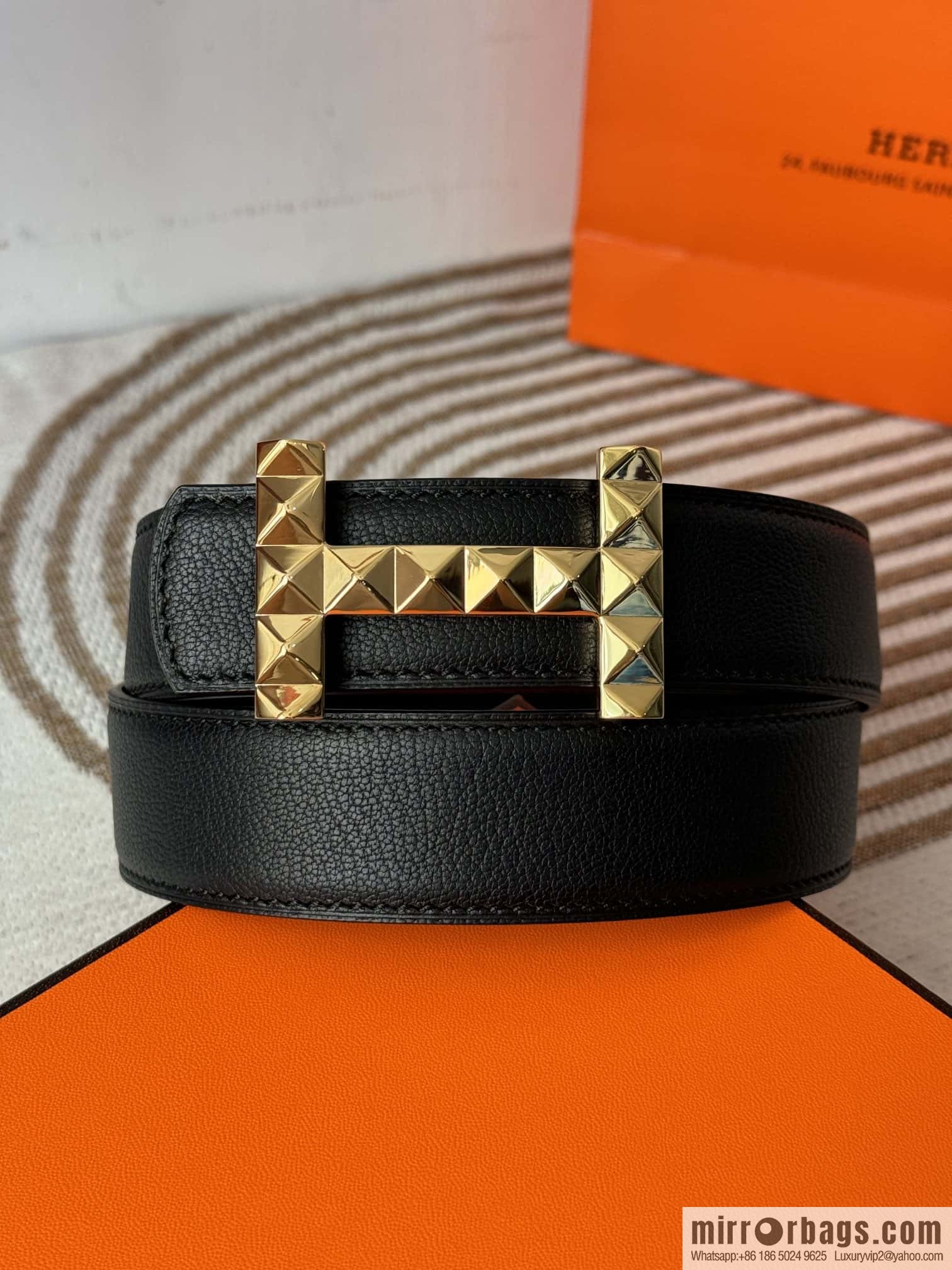 Hermes, double-sided first layer sheep texture stainless steel diamond pattern button head belt 3.5CM