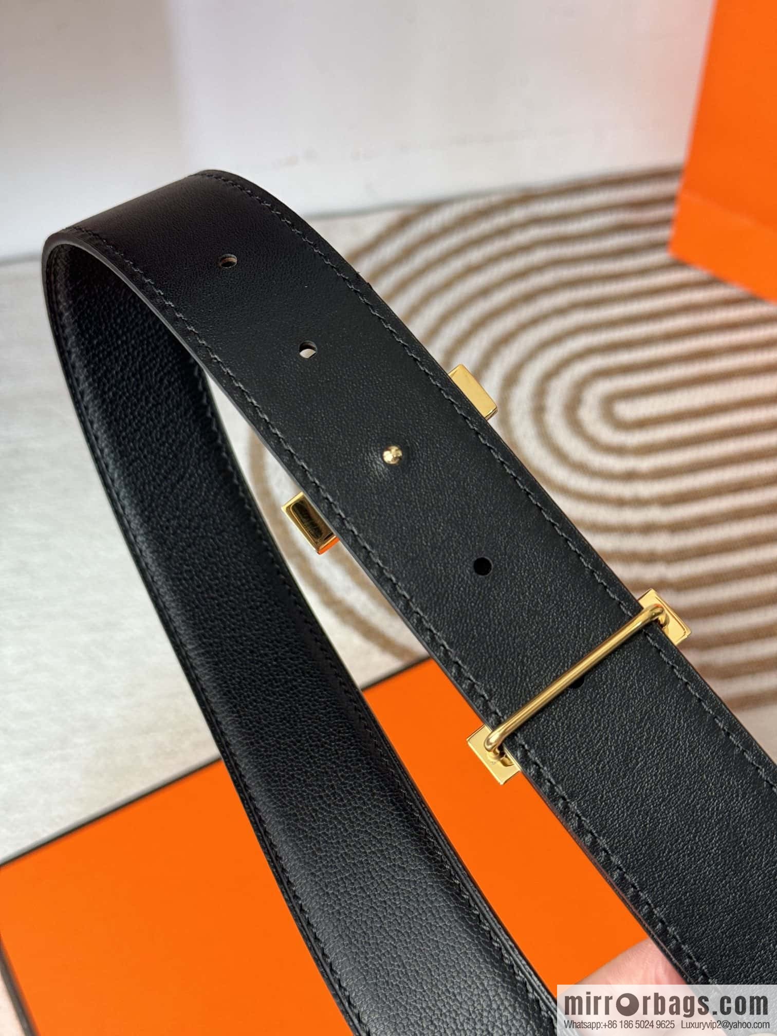 Hermes, double-sided first layer sheep texture stainless steel diamond pattern button head belt 3.5CM