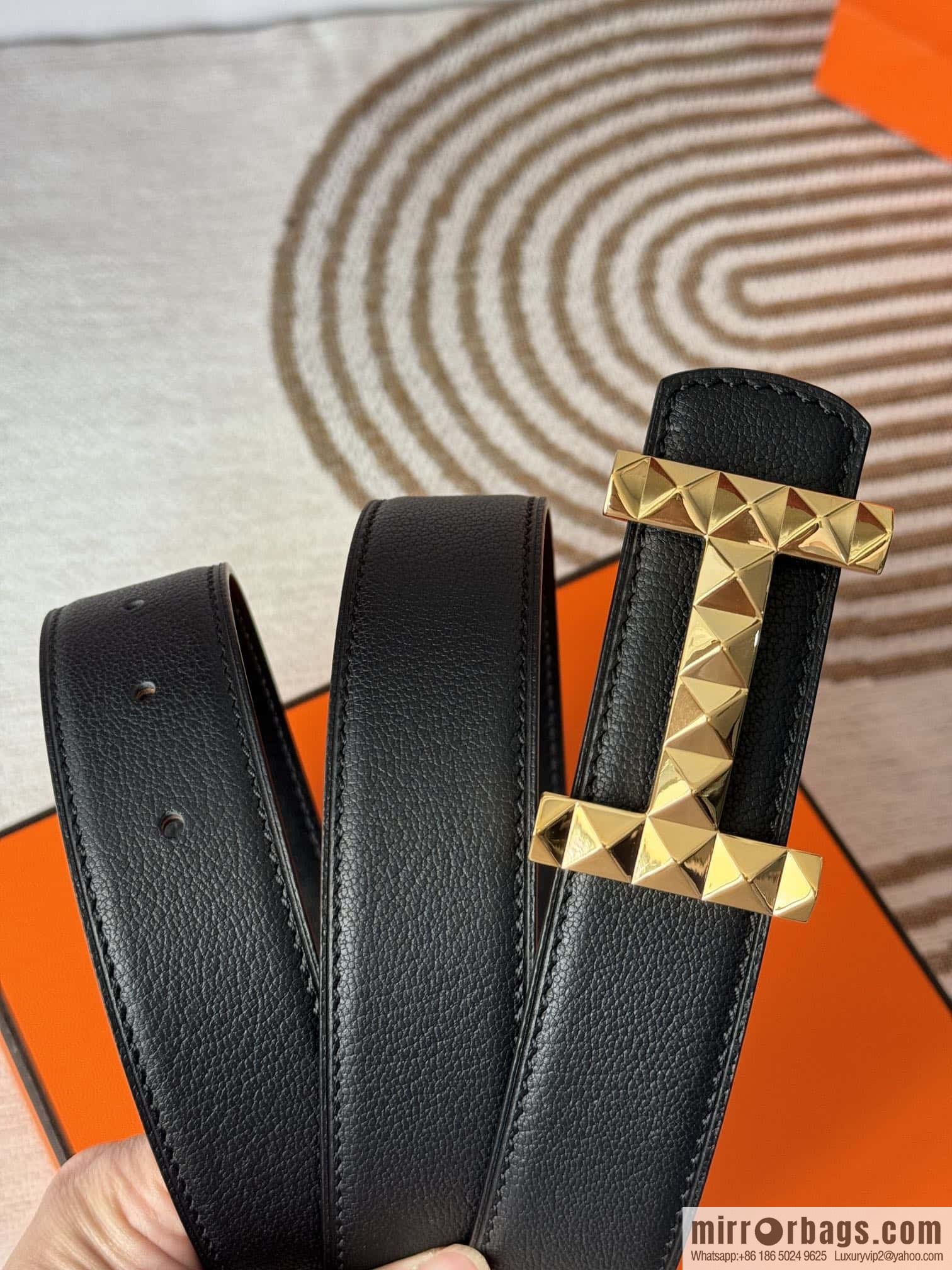 Hermes, double-sided first layer sheep texture stainless steel diamond pattern button head belt 3.5CM