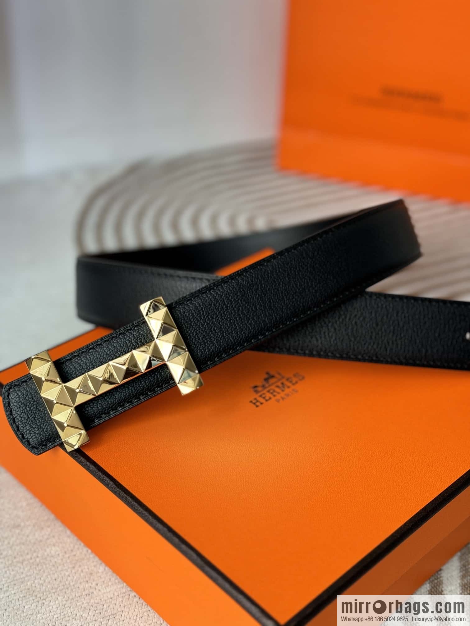 Hermes, double-sided first layer sheep texture stainless steel diamond pattern button head belt 3.5CM
