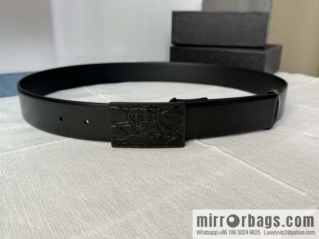 PRADA/Prada, men's black logo buckle sticker crocodile leather mixed pattern double-sided cowhide belt 3.5CM