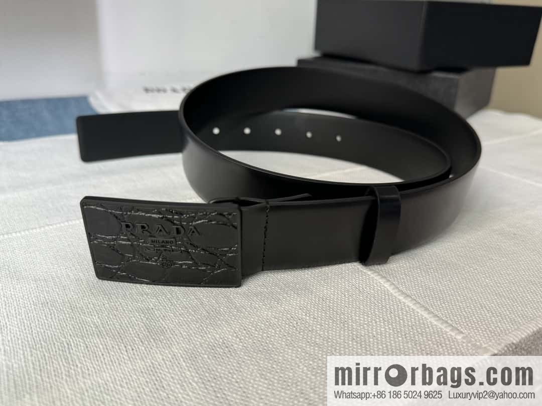PRADA/Prada, men's black logo buckle sticker crocodile leather mixed pattern double-sided cowhide belt 3.5CM