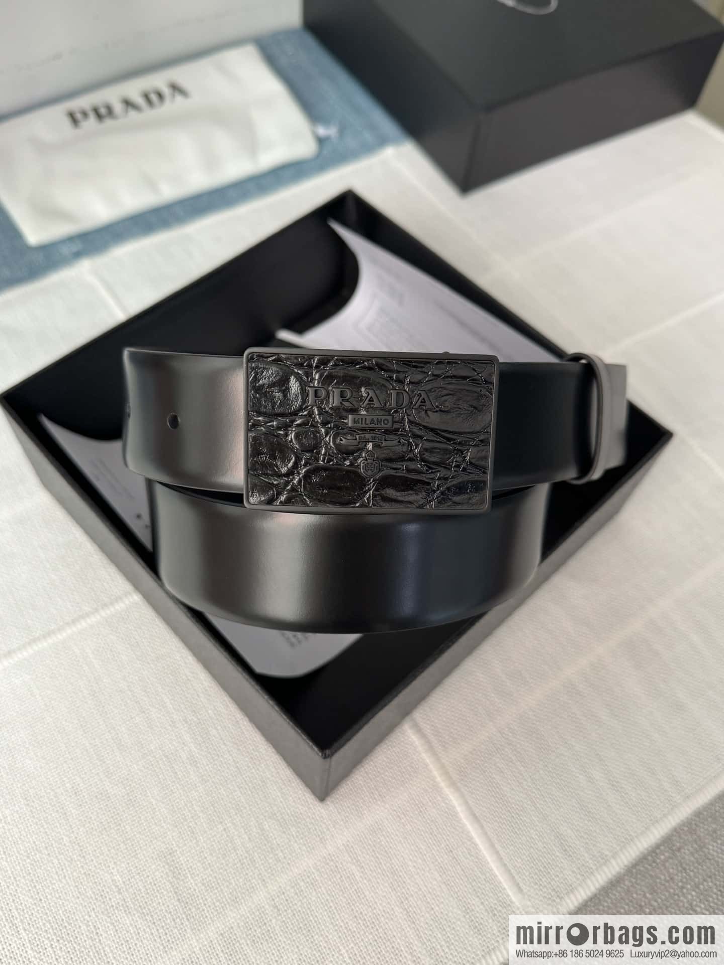 PRADA/Prada, men's black logo buckle sticker crocodile leather mixed pattern double-sided cowhide belt 3.5CM