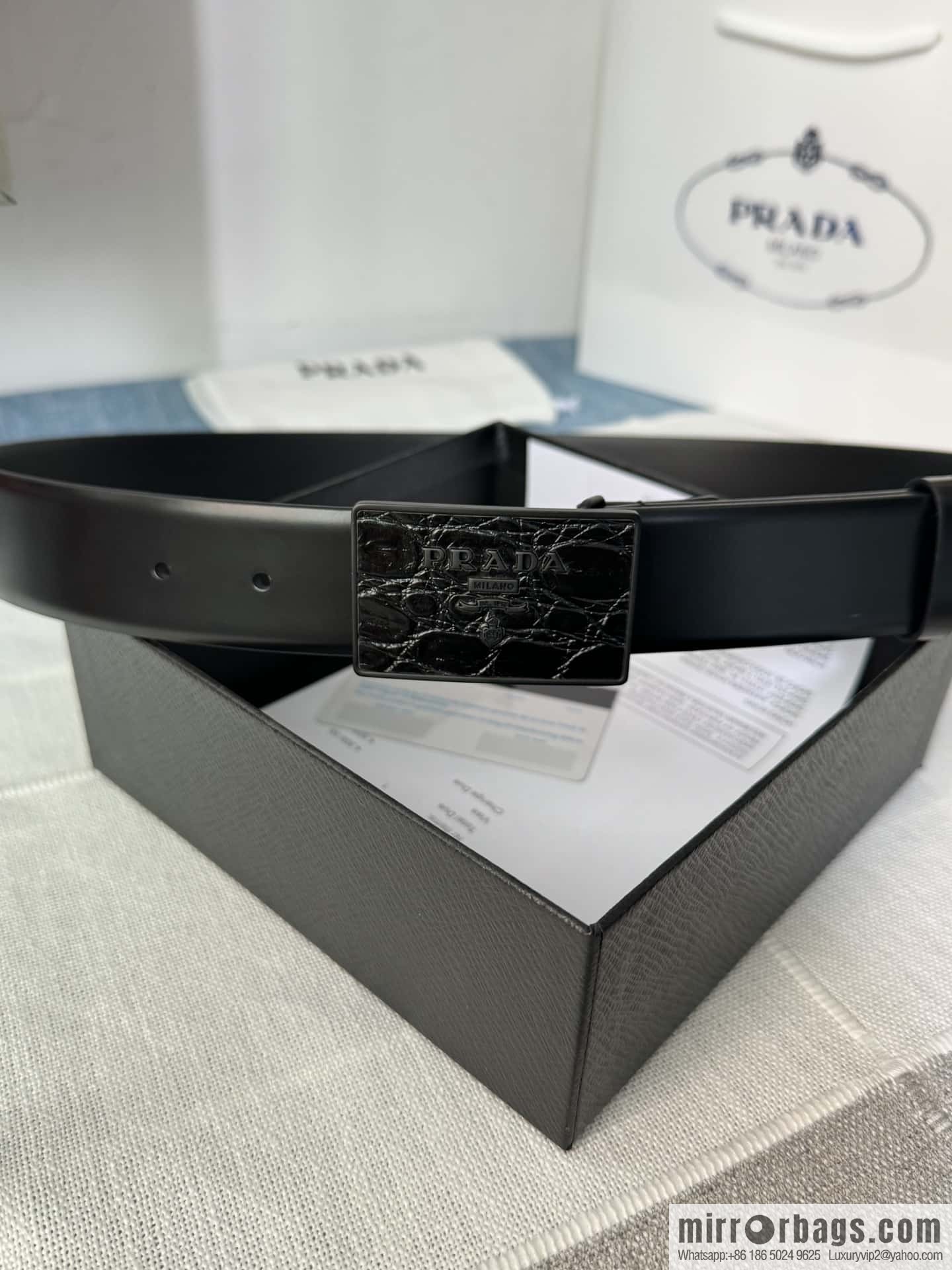 PRADA/Prada, men's black logo buckle sticker crocodile leather mixed pattern double-sided cowhide belt 3.5CM