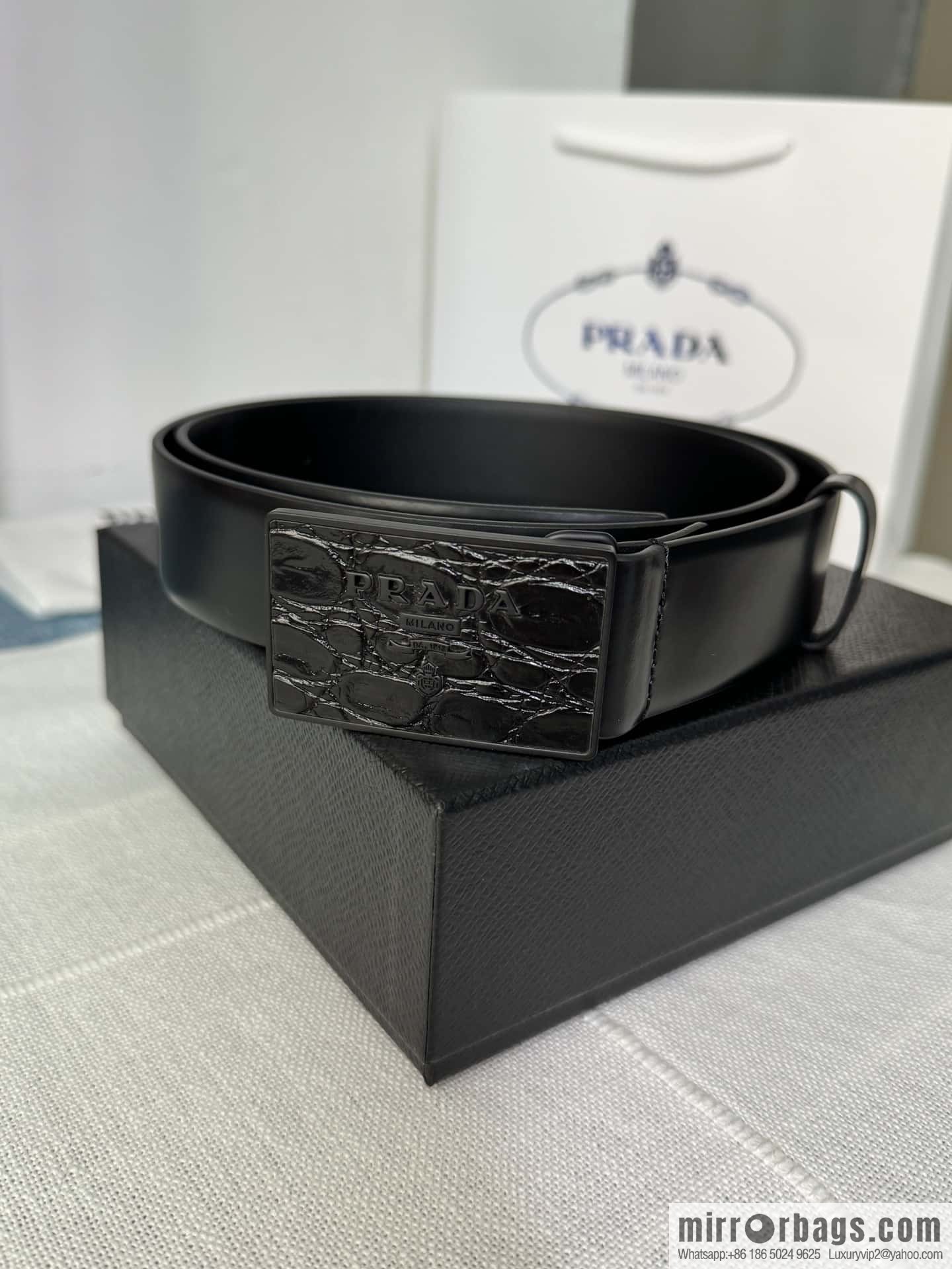 PRADA/Prada, men's black logo buckle sticker crocodile leather mixed pattern double-sided cowhide belt 3.5CM