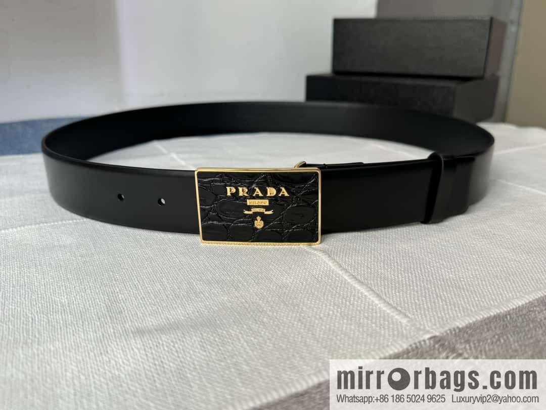 PRADA/Prada, men's black logo buckle sticker crocodile leather mixed pattern double-sided cowhide belt 3.5CM