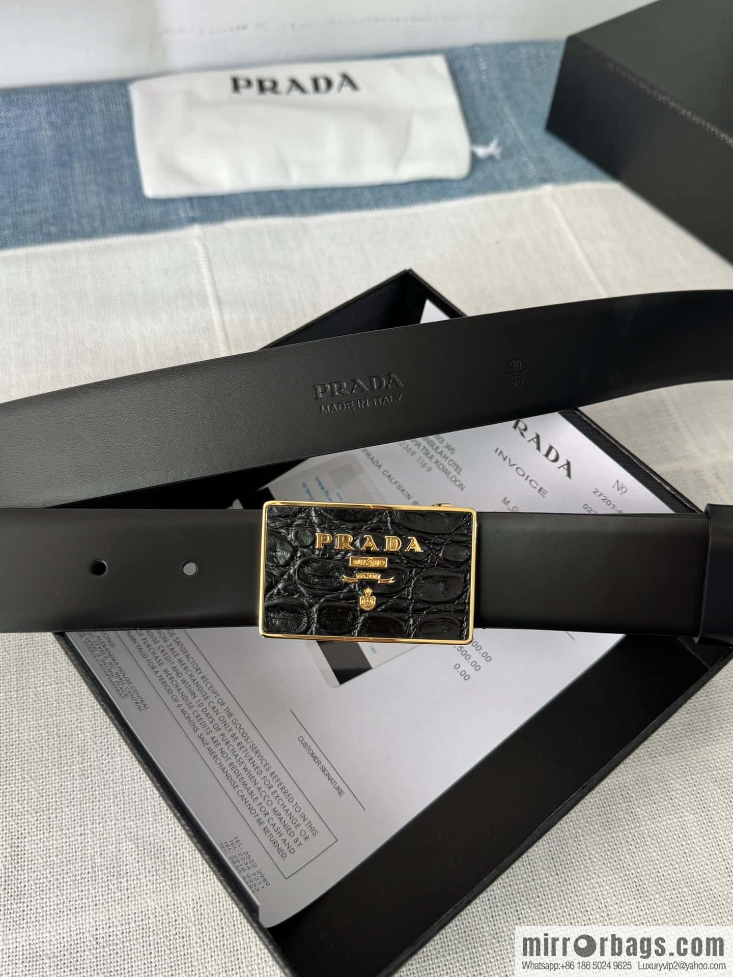 PRADA/Prada, men's black logo buckle sticker crocodile leather mixed pattern double-sided cowhide belt 3.5CM