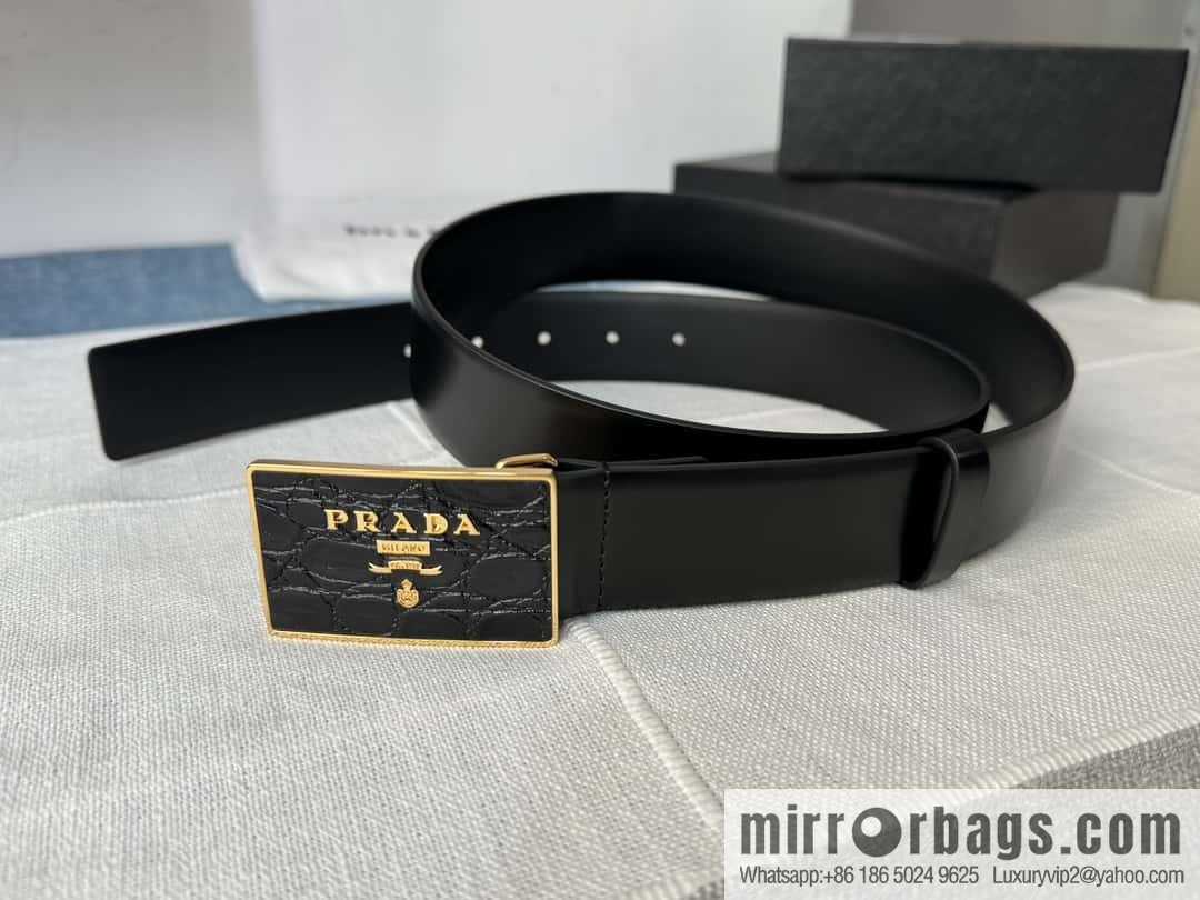 PRADA/Prada, men's black logo buckle sticker crocodile leather mixed pattern double-sided cowhide belt 3.5CM