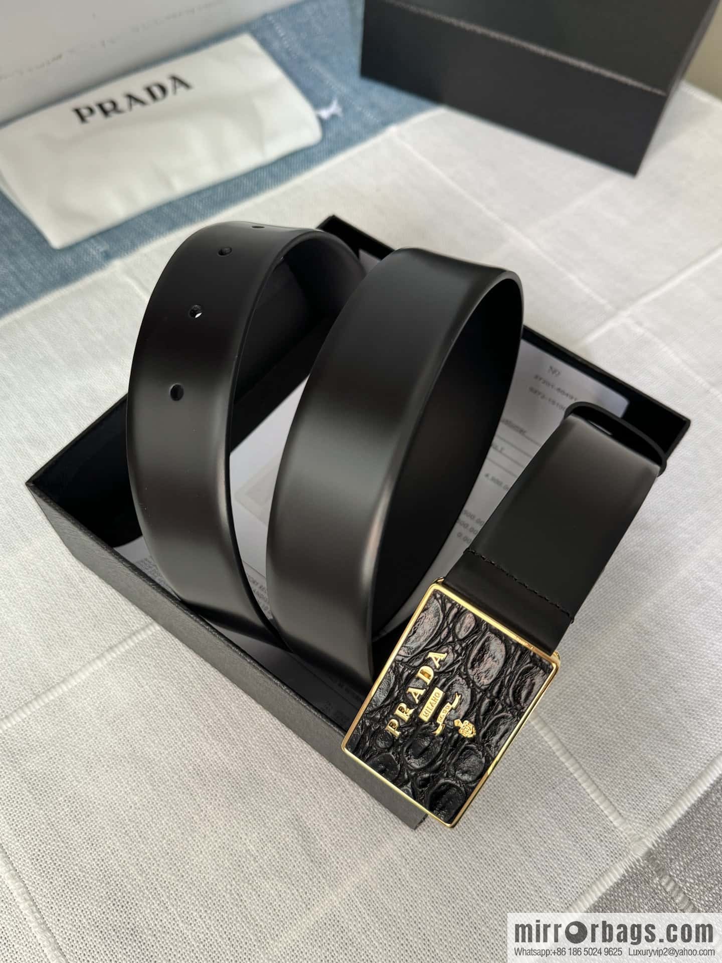 PRADA/Prada, men's black logo buckle sticker crocodile leather mixed pattern double-sided cowhide belt 3.5CM