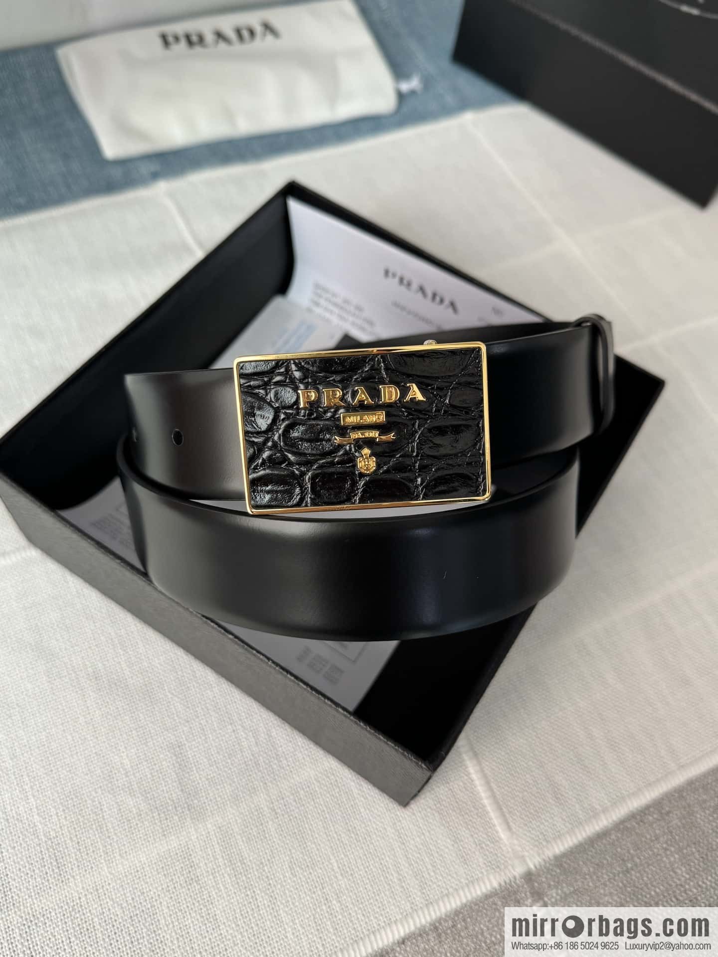 PRADA/Prada, men's black logo buckle sticker crocodile leather mixed pattern double-sided cowhide belt 3.5CM