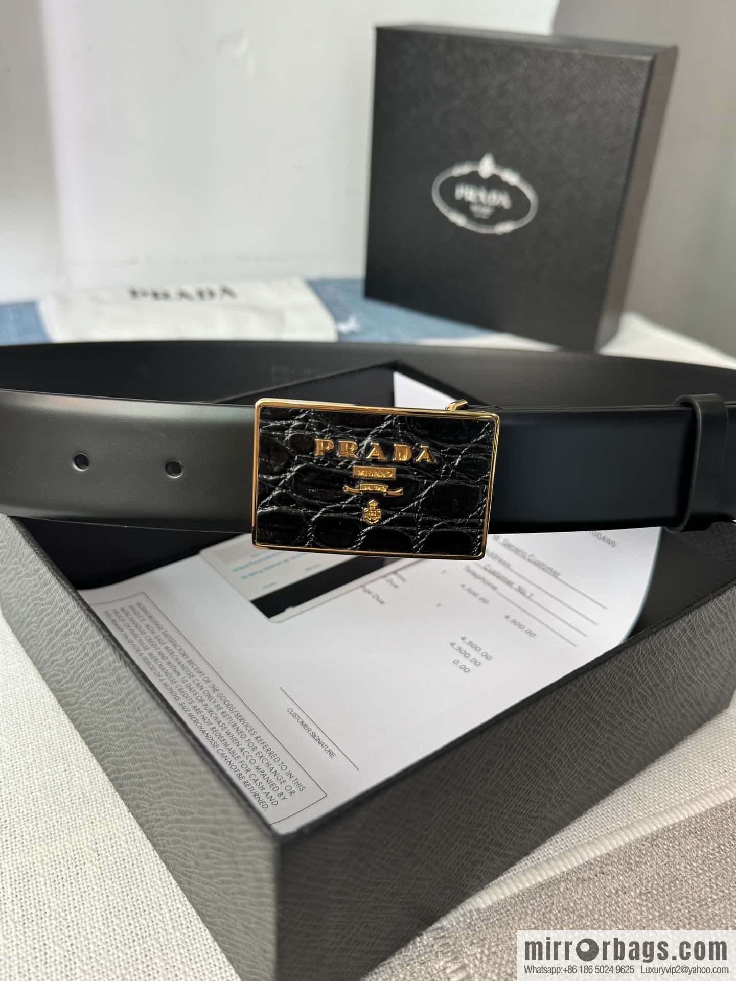 PRADA/Prada, men's black logo buckle sticker crocodile leather mixed pattern double-sided cowhide belt 3.5CM