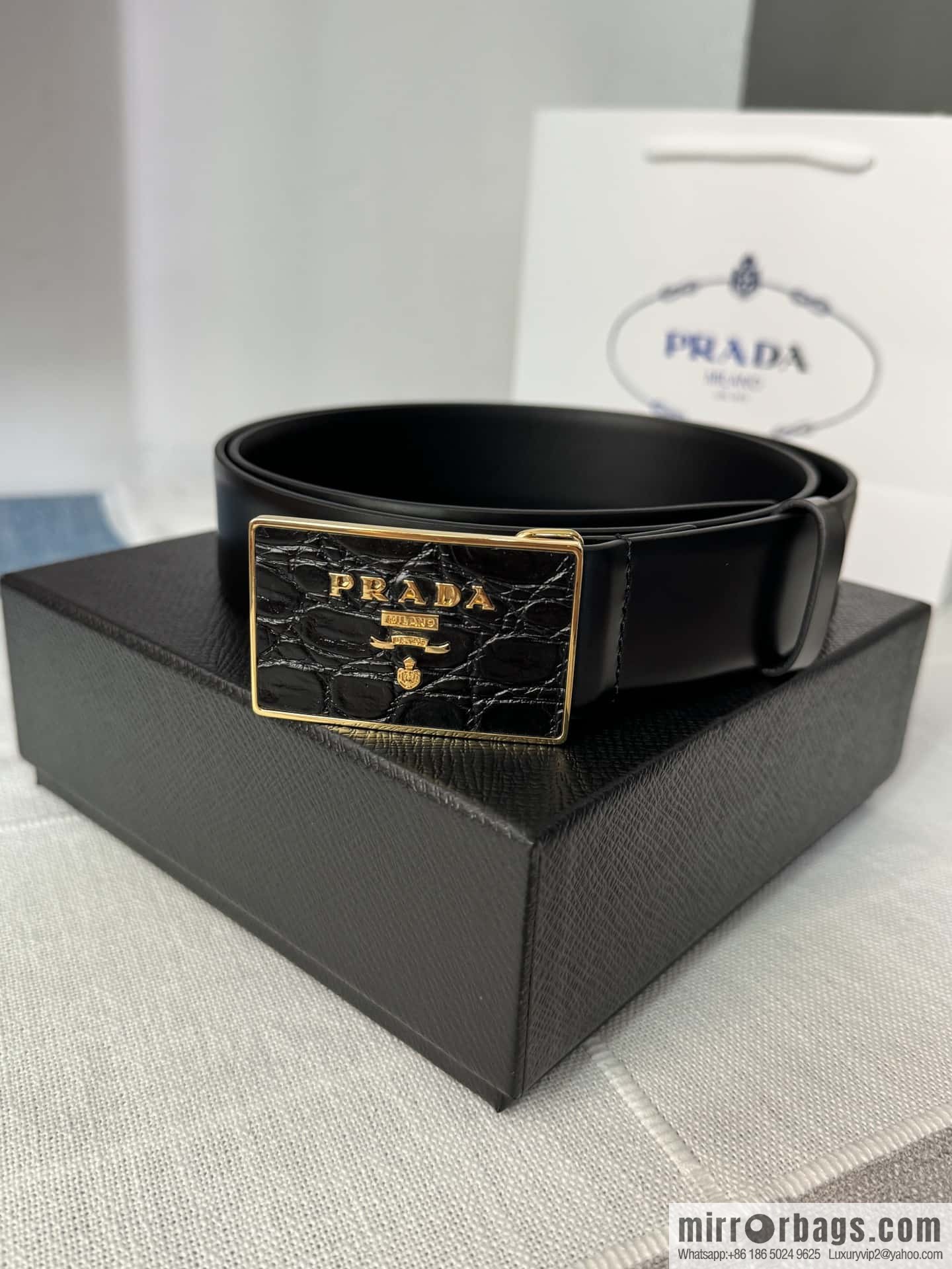 PRADA/Prada, men's black logo buckle sticker crocodile leather mixed pattern double-sided cowhide belt 3.5CM