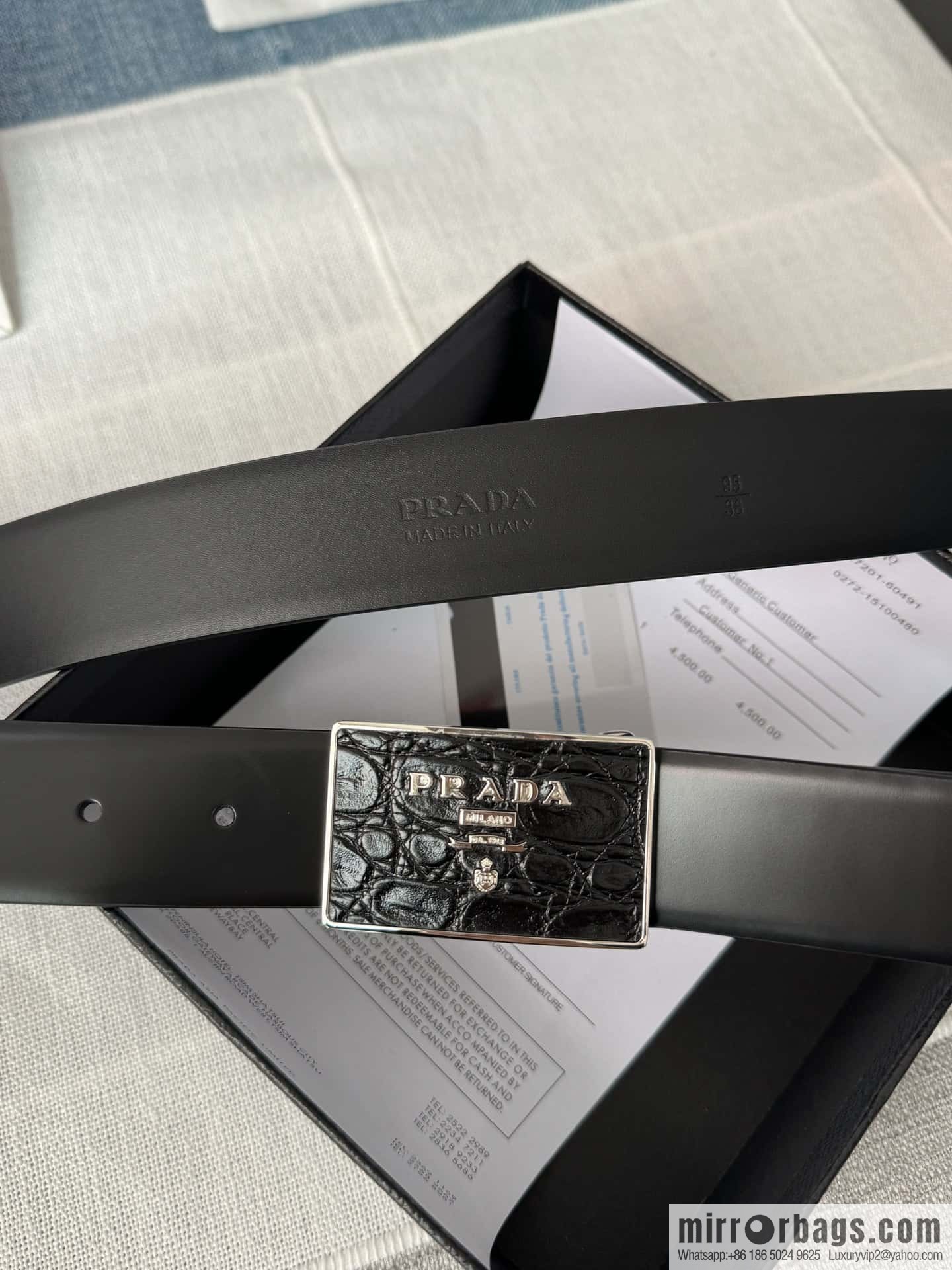 PRADA/Prada, men's black logo buckle sticker crocodile leather mixed pattern double-sided cowhide belt 3.5CM