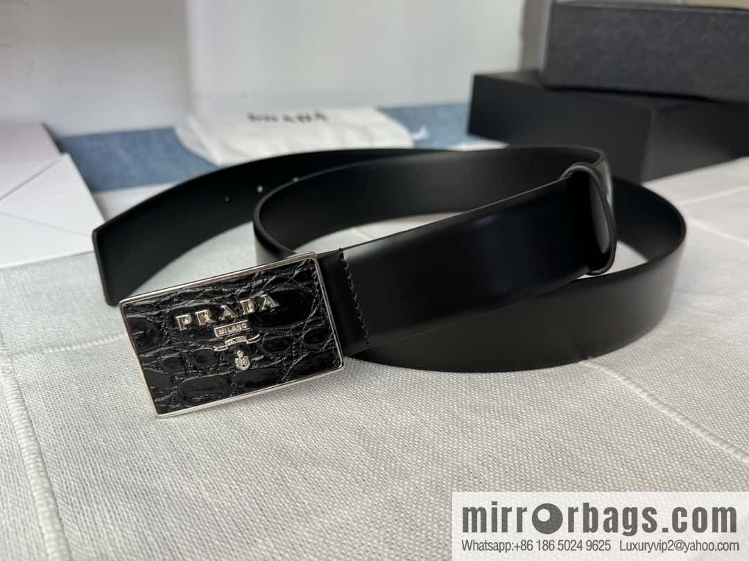 PRADA/Prada, men's black logo buckle sticker crocodile leather mixed pattern double-sided cowhide belt 3.5CM