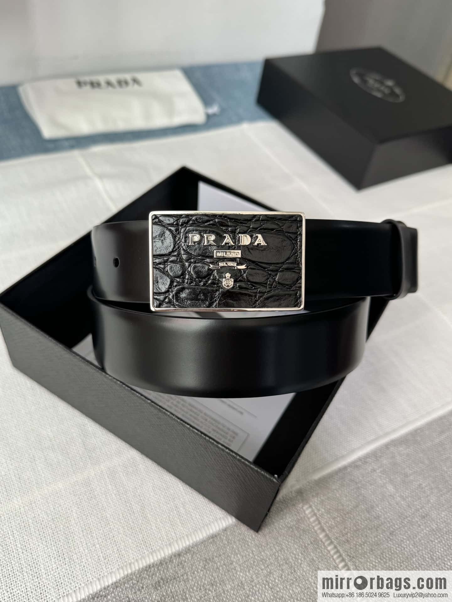 PRADA/Prada, men's black logo buckle sticker crocodile leather mixed pattern double-sided cowhide belt 3.5CM