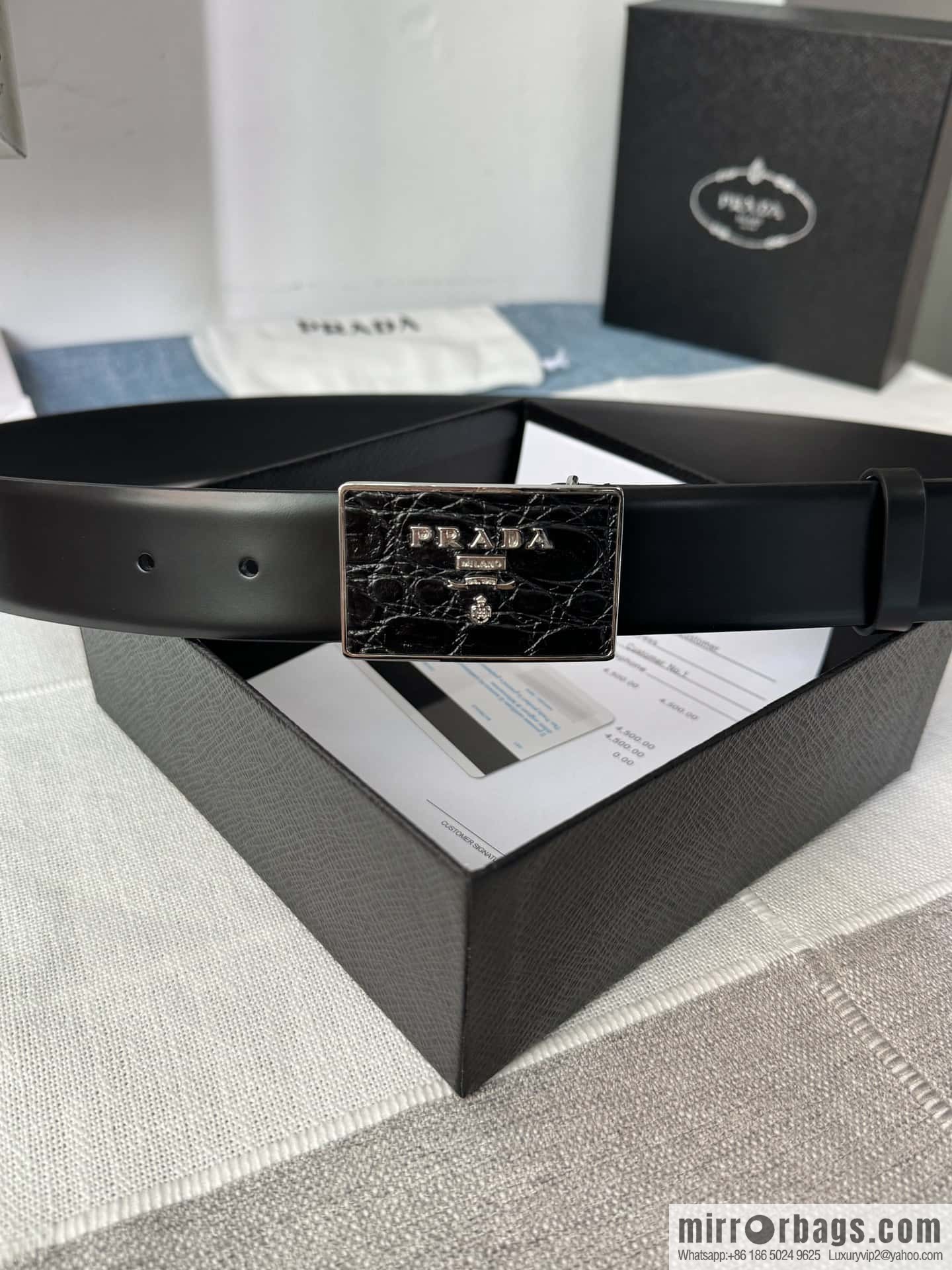 PRADA/Prada, men's black logo buckle sticker crocodile leather mixed pattern double-sided cowhide belt 3.5CM