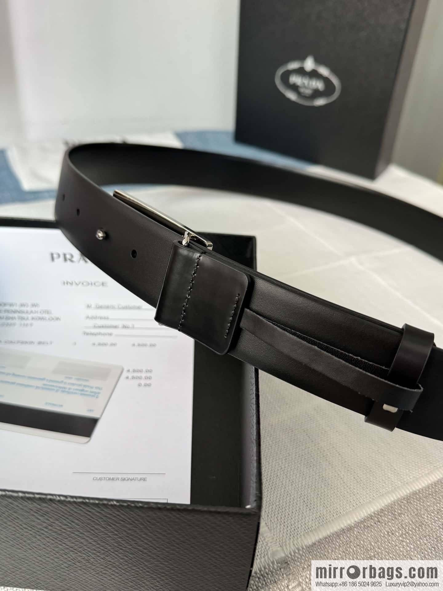 PRADA/Prada, men's black logo buckle sticker crocodile leather mixed pattern double-sided cowhide belt 3.5CM