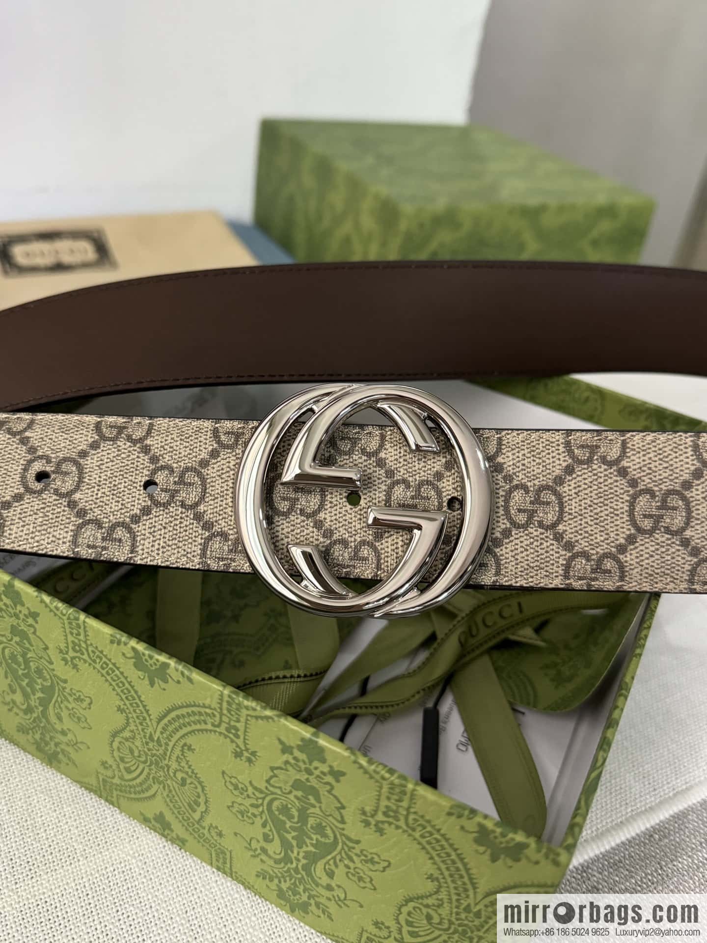 GUCCI men's PVC with leather double G boutique new metal buckle 38mm