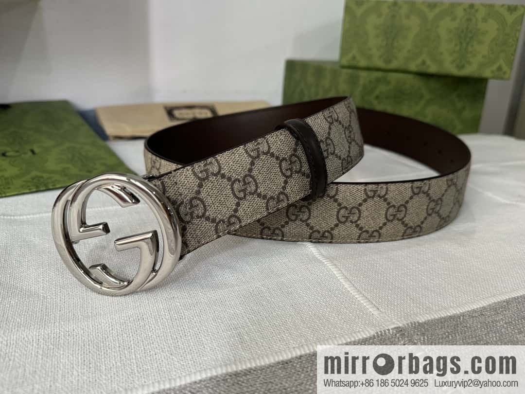GUCCI men's PVC with leather double G boutique new metal buckle 38mm