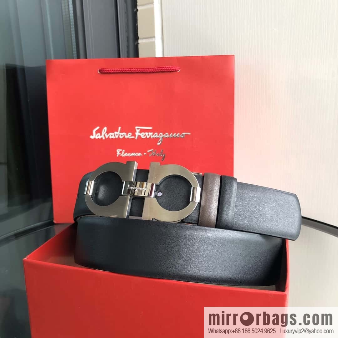 Ferragamo Ferragamo, Men's Cowhide Black/Brown Double Sided Available Belt 3.5cm