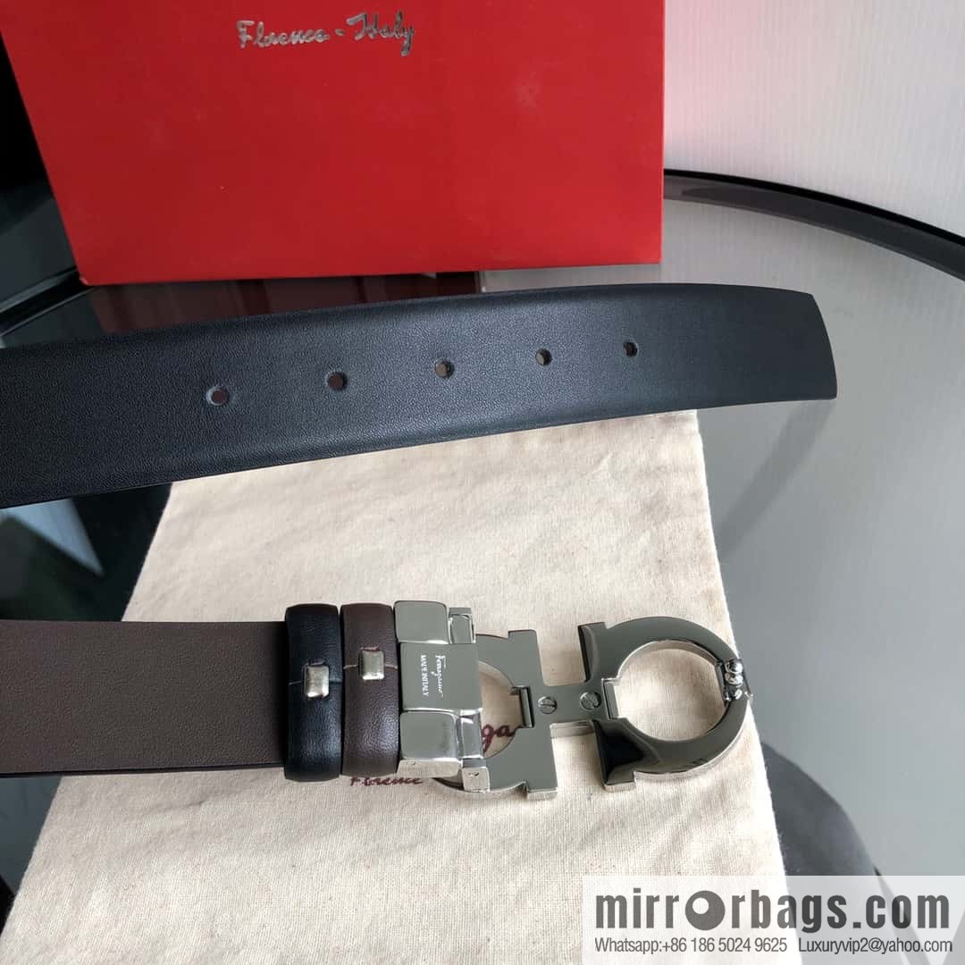 Ferragamo Ferragamo, Men's Cowhide Black/Brown Double Sided Available Belt 3.5cm