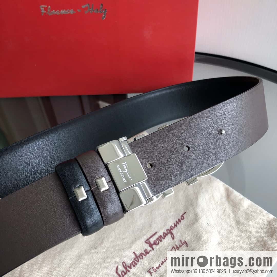 Ferragamo Ferragamo, Men's Cowhide Black/Brown Double Sided Available Belt 3.5cm