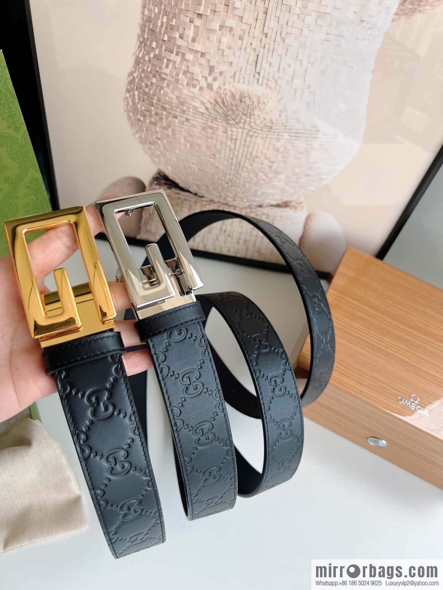 Gucci Gucci G-shaped metal rotating clip buckle, with the first layer of cowhide embossed texture belt 3.5mm