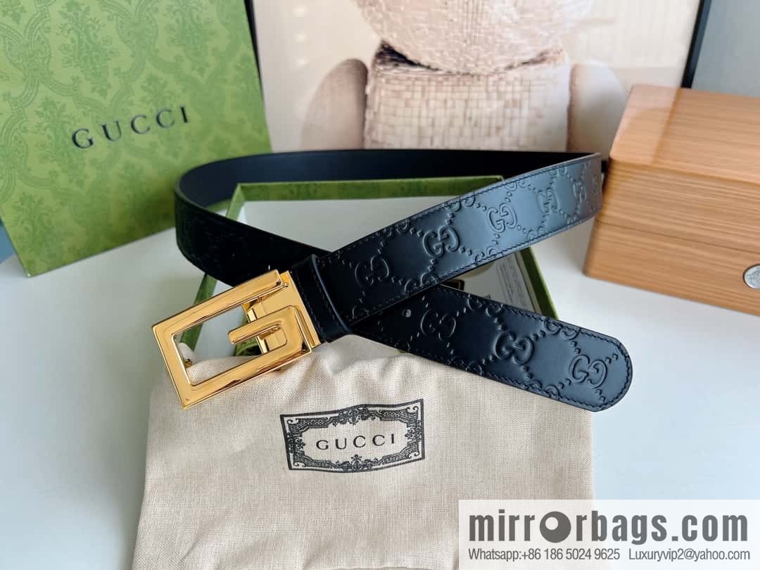 Gucci Gucci G-shaped metal rotating clip buckle, with the first layer of cowhide embossed texture belt 3.5mm