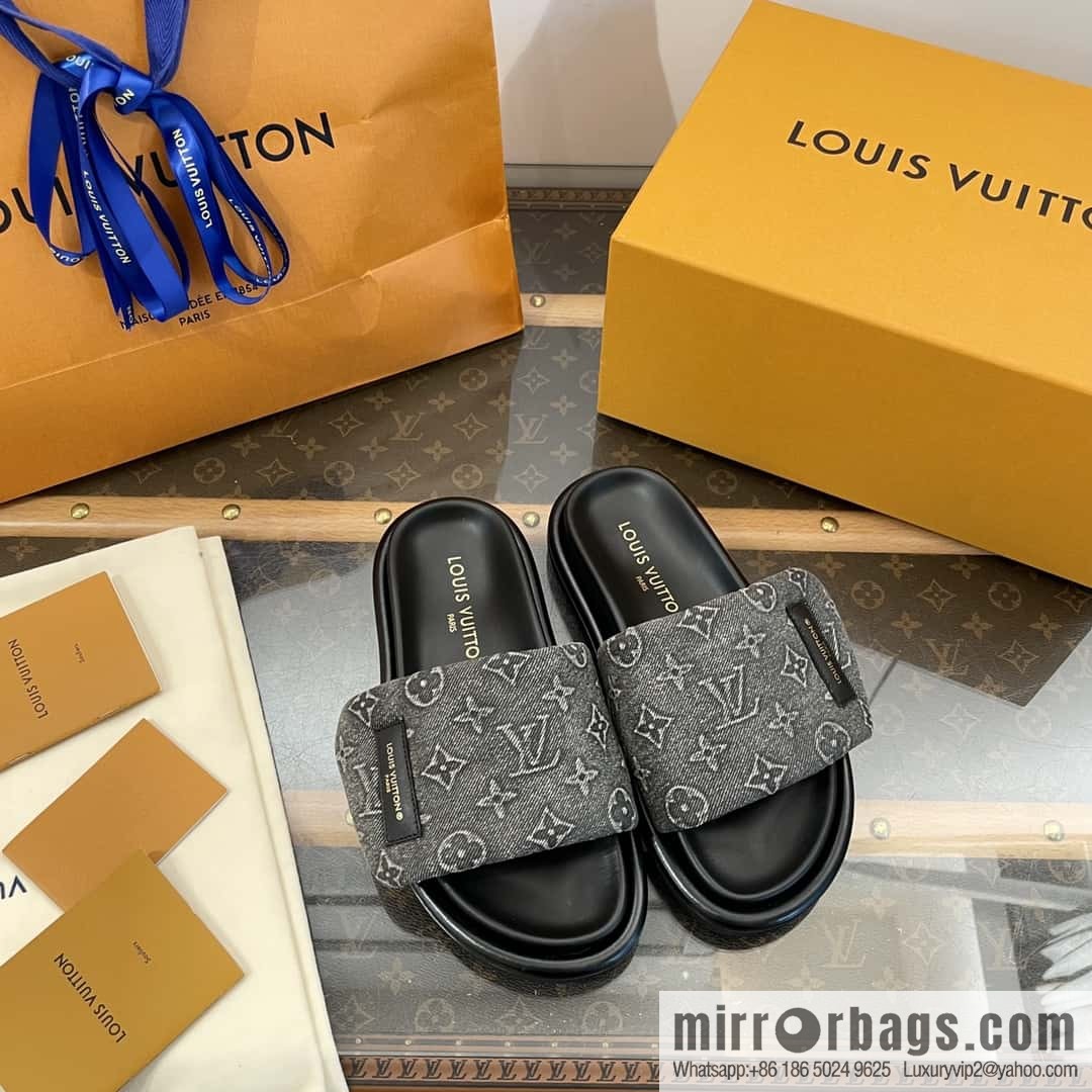 LV Donkey Bottega Venetarand Denim Velcro Platform Slippers