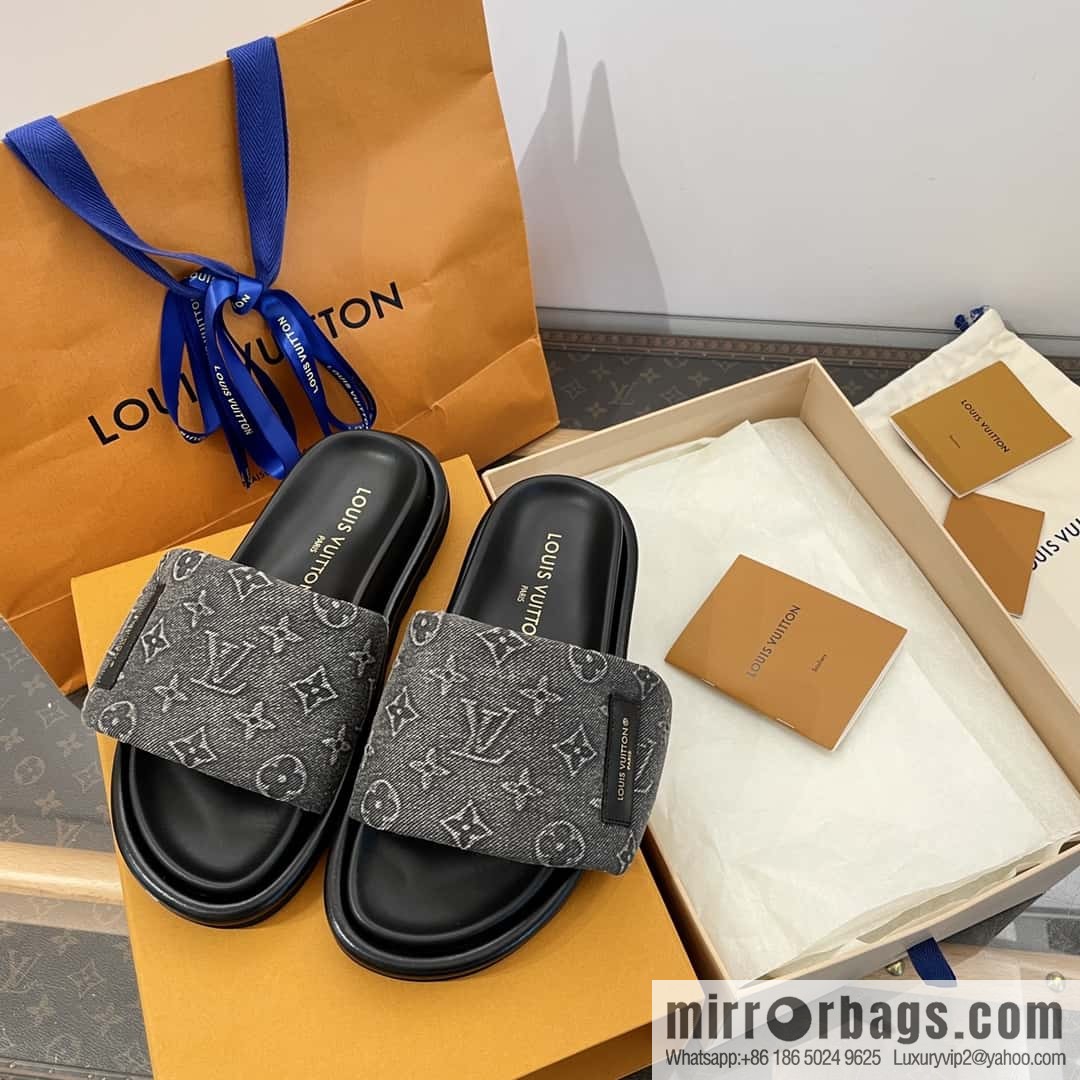 LV Donkey Bottega Venetarand Denim Velcro Platform Slippers