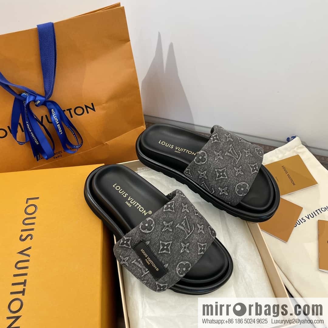 LV Donkey Bottega Venetarand Denim Velcro Platform Slippers