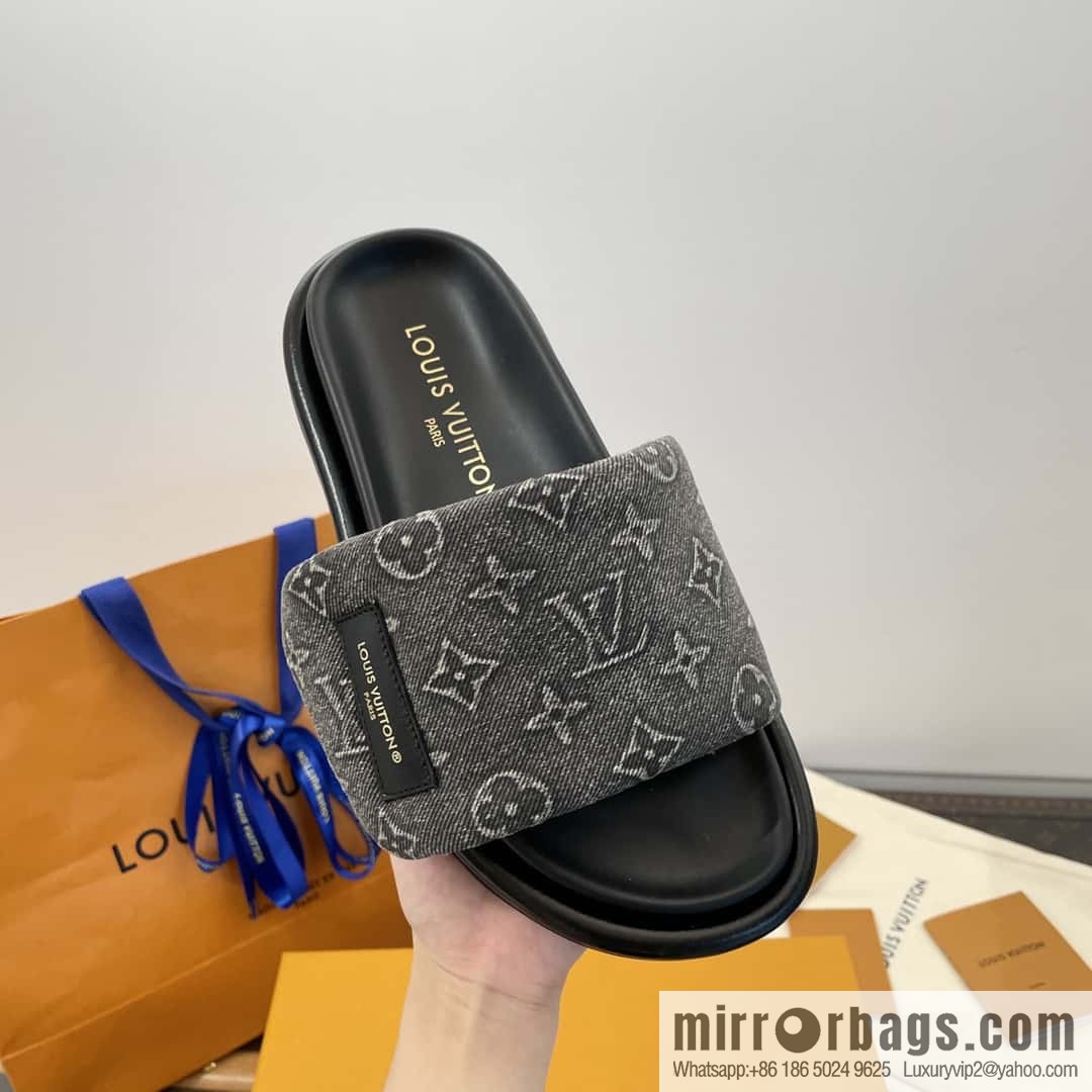 LV Donkey Bottega Venetarand Denim Velcro Platform Slippers