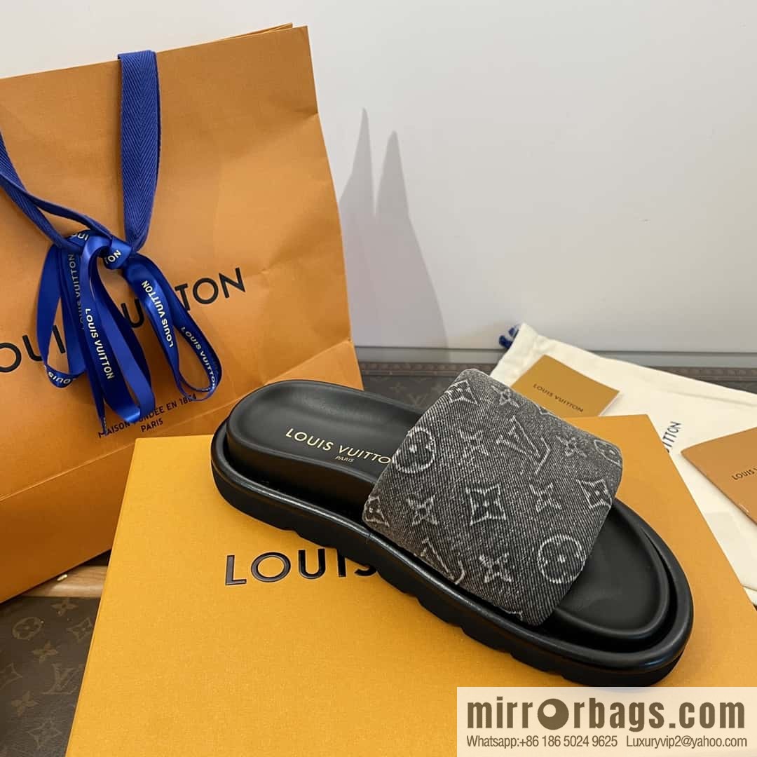 LV Donkey Bottega Venetarand Denim Velcro Platform Slippers
