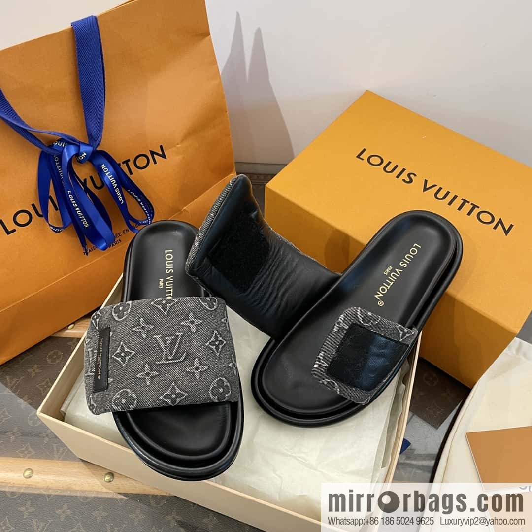 LV Donkey Bottega Venetarand Denim Velcro Platform Slippers