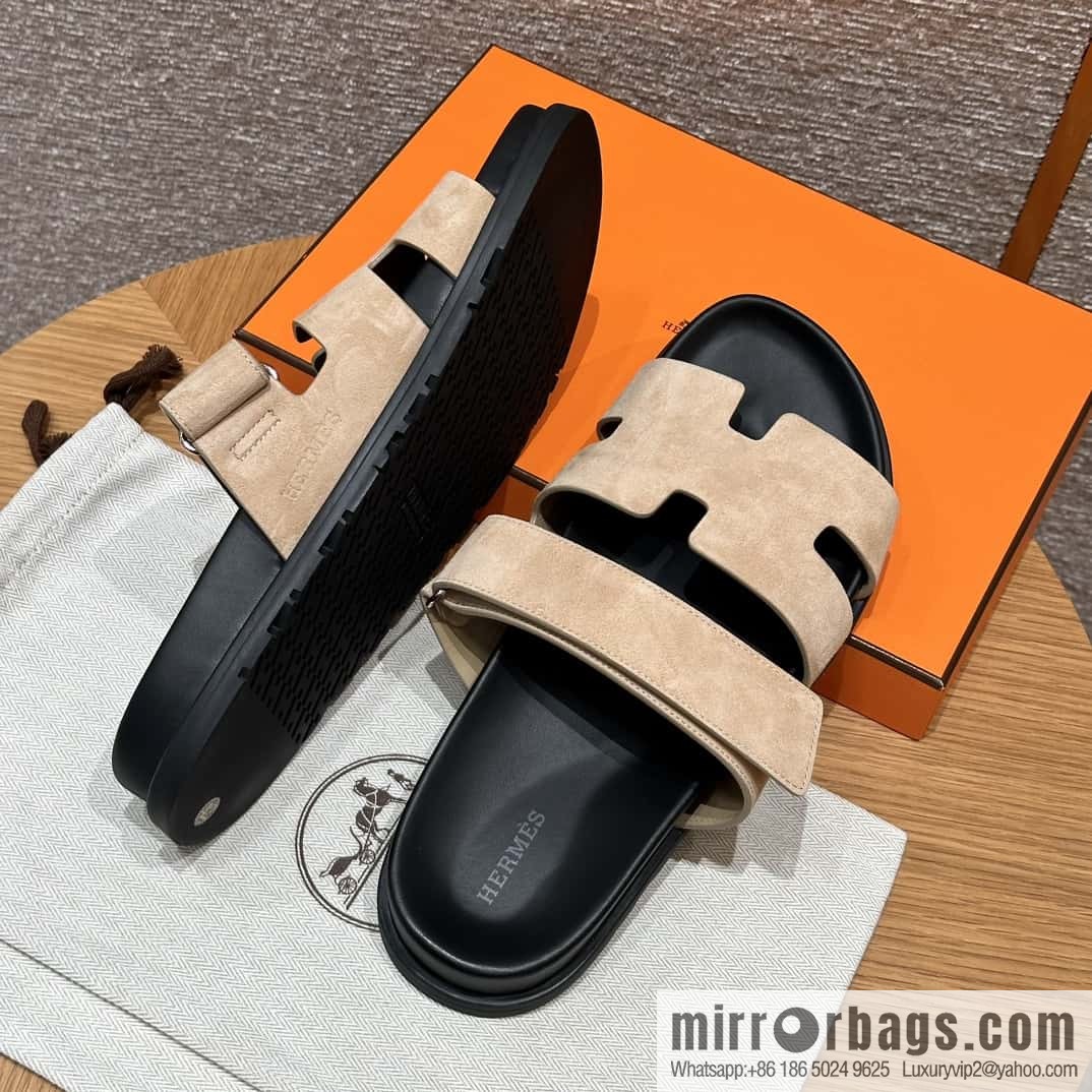 HERMES 225 CHYPRE SANDAL uncle shoes, suede/Chamois leather marble beige/Cream-coloured