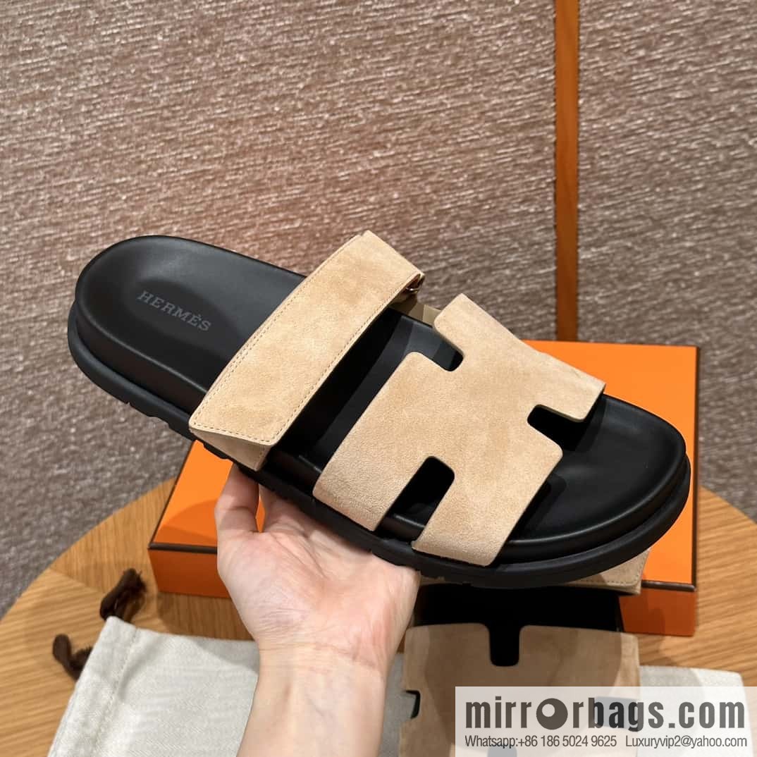 HERMES 225 CHYPRE SANDAL uncle shoes, suede/Chamois leather marble beige/Cream-coloured