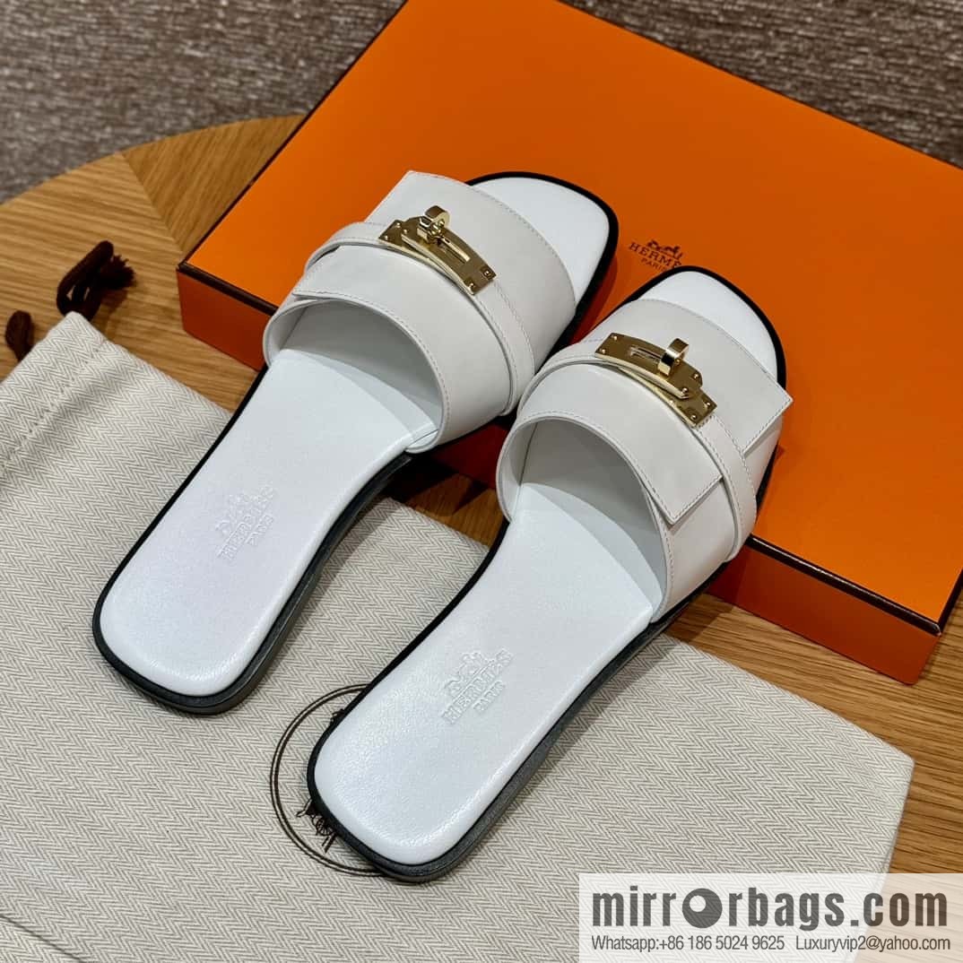 HERMES 183Kelly tow sandals Giulia calfskin /Calfskin white/01/Blanc
