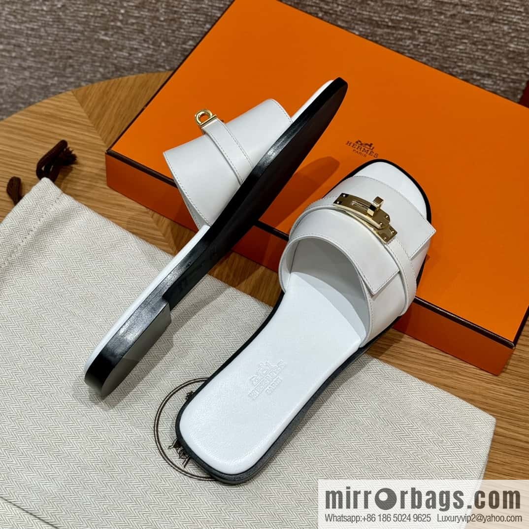 HERMES 183Kelly tow sandals Giulia calfskin /Calfskin white/01/Blanc