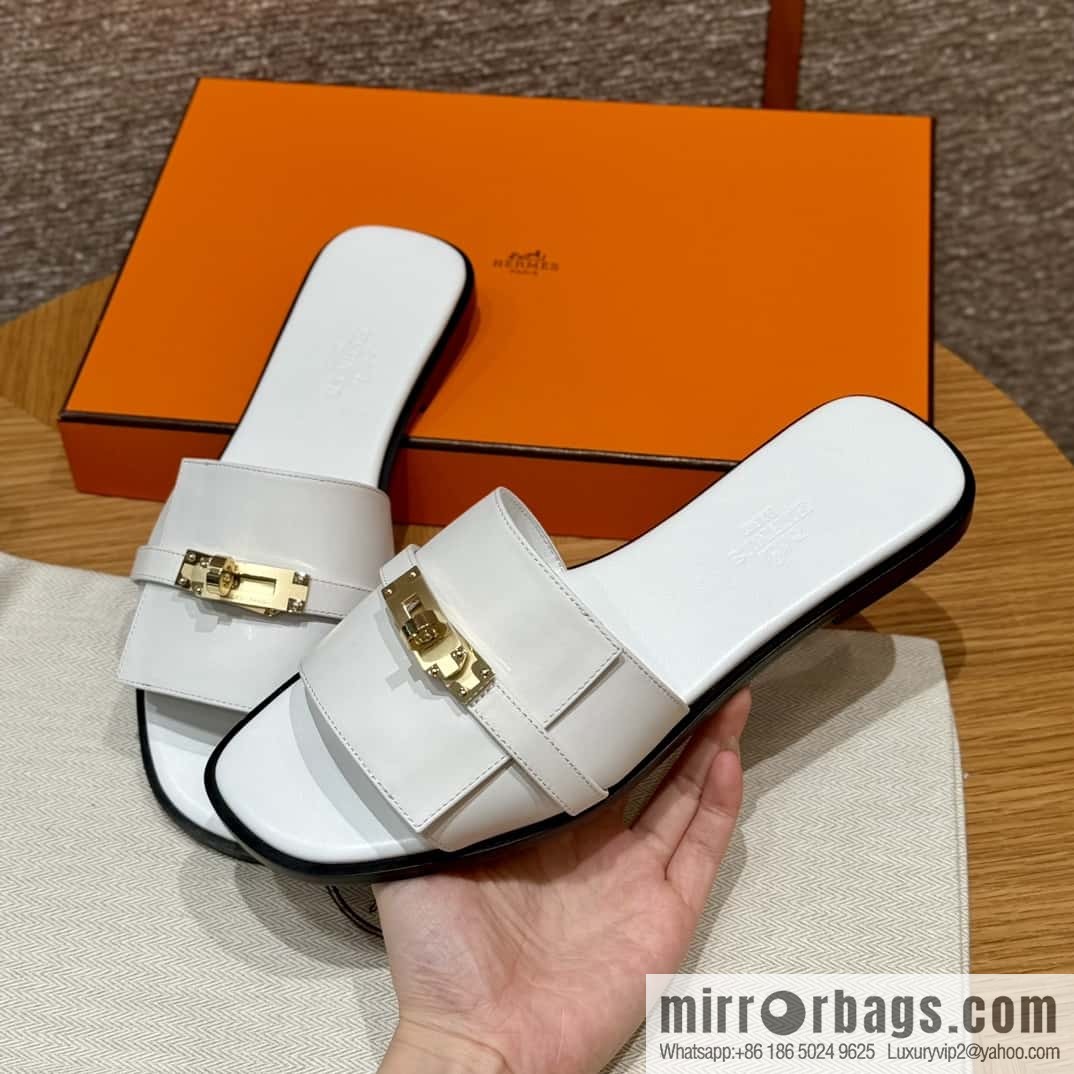 HERMES 183Kelly tow sandals Giulia calfskin /Calfskin white/01/Blanc