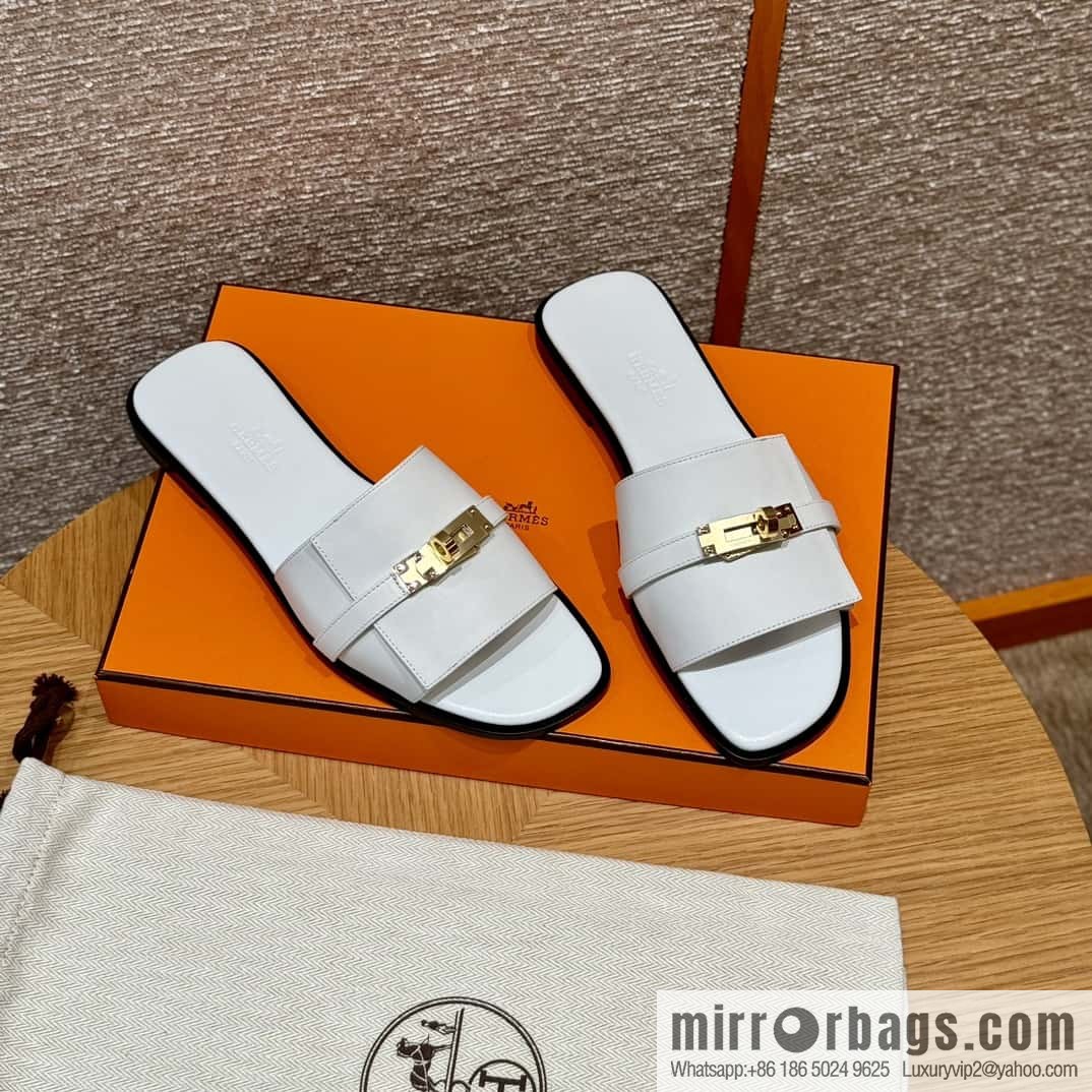 HERMES 183Kelly tow sandals Giulia calfskin /Calfskin white/01/Blanc