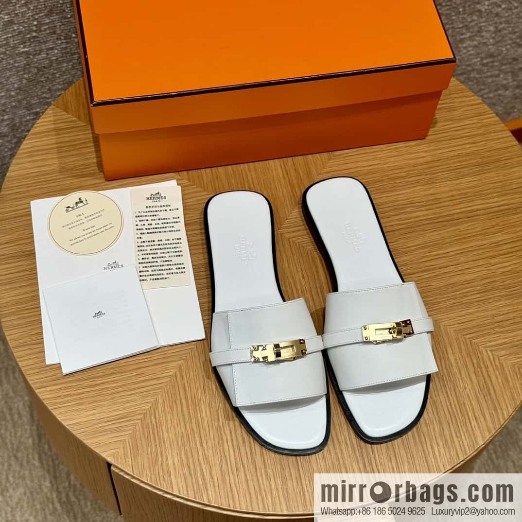HERMES 183Kelly tow sandals Giulia calfskin /Calfskin white/01/Blanc