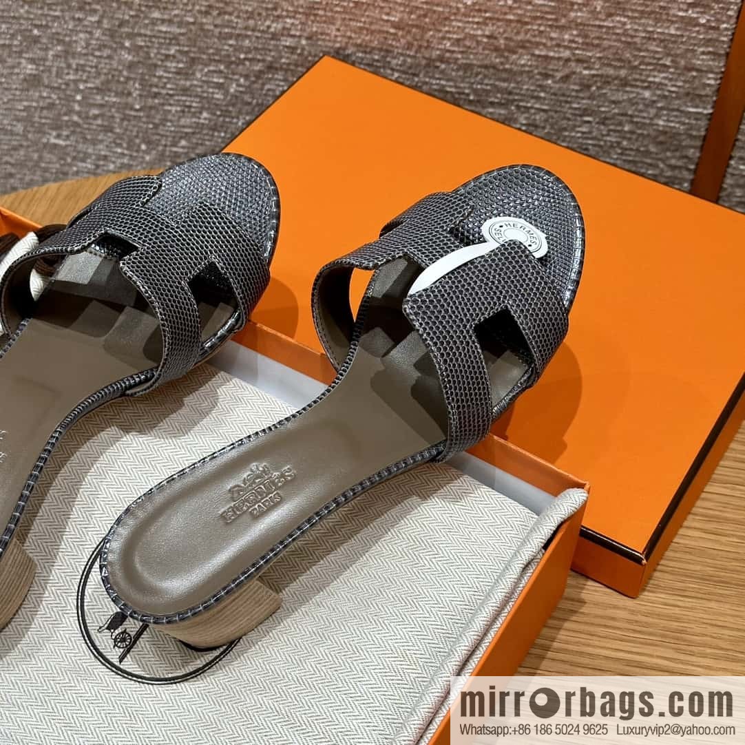 HERMES 185 Oasis High Heel Sandals, Lizard π¦/Lizard Hemp Rope Grey/84/Gris fonce