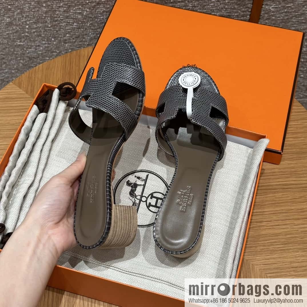 HERMES 185 Oasis High Heel Sandals, Lizard π¦/Lizard Hemp Rope Grey/84/Gris fonce