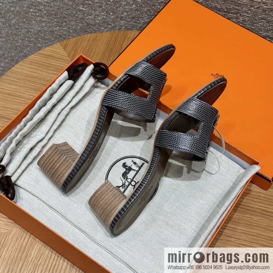 HERMES 185 Oasis High Heel Sandals, Lizard π¦/Lizard Hemp Rope Grey/84/Gris fonce