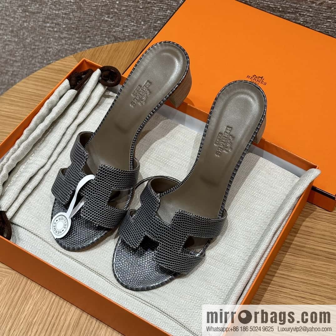 HERMES 185 Oasis High Heel Sandals, Lizard π¦/Lizard Hemp Rope Grey/84/Gris fonce